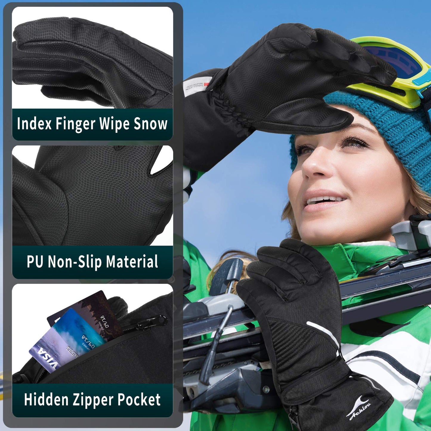 Achiou Ski Snow Gloves Waterproof Touchscreen Winter Warm for Men Women with Portable pocket