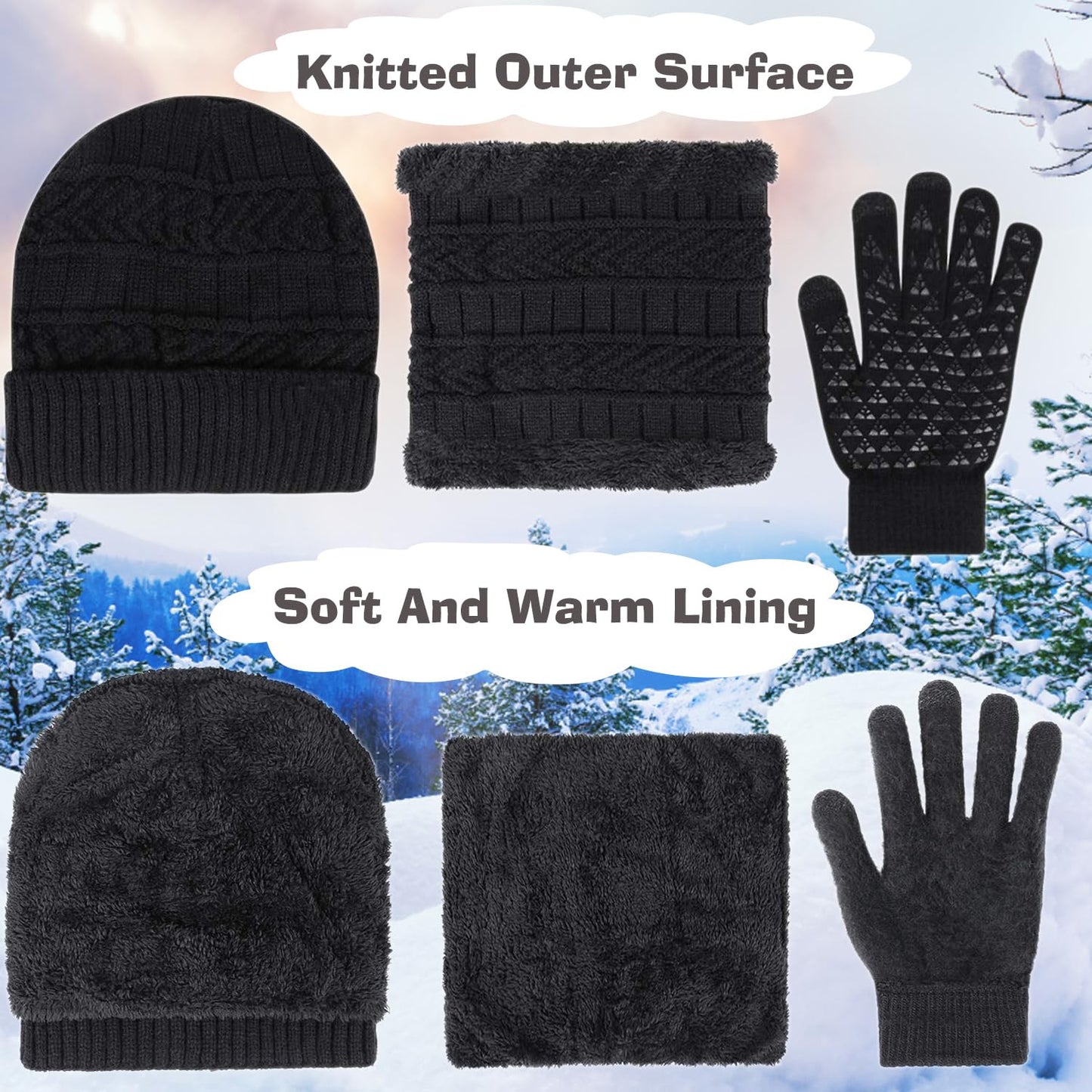 Abudder Beanie Hat Gloves Scarf Set for Men Women,Fleece Beanie Hat,Fleece Scarf,Warmer Gloves and Ear Warmer Headband for Men Women