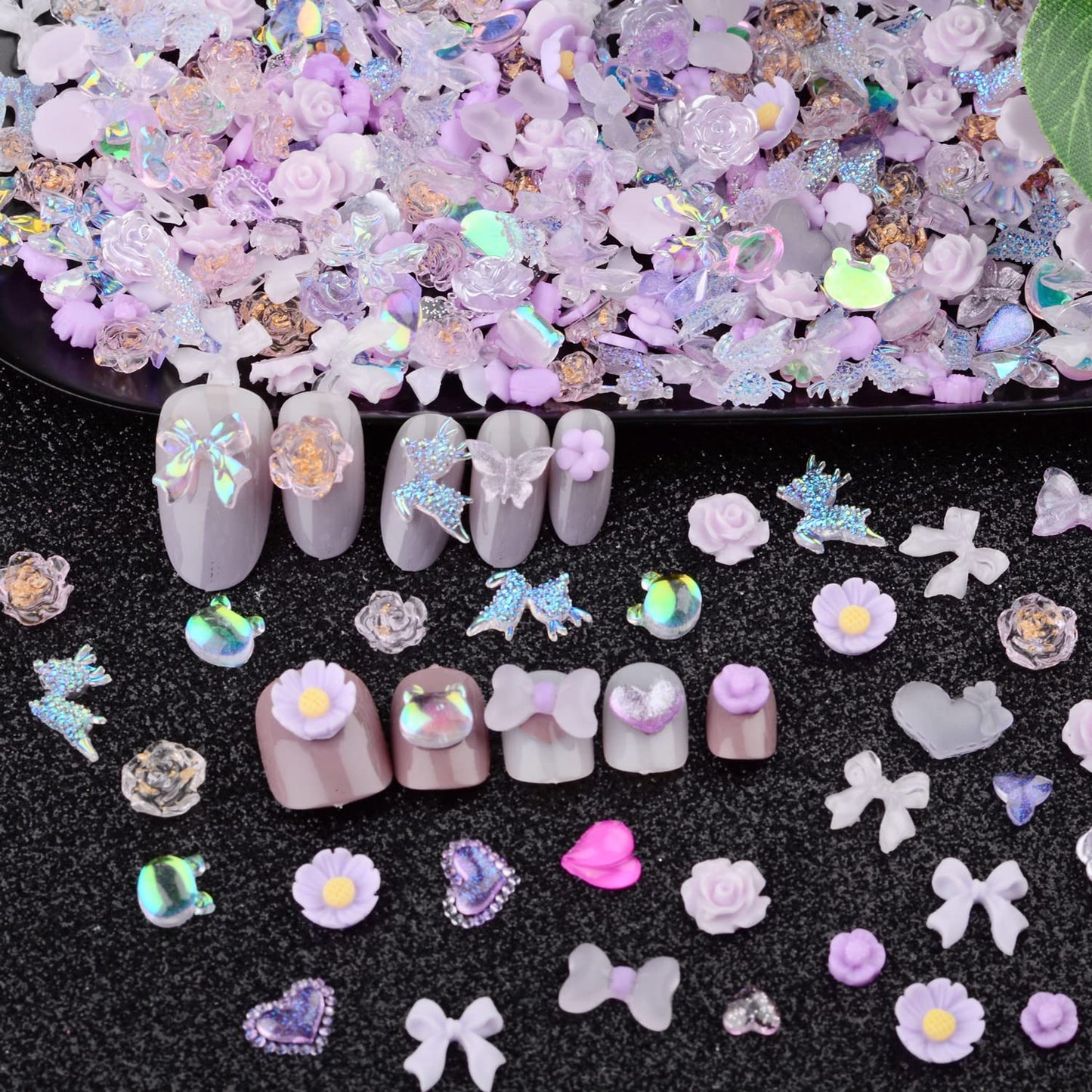 Sinyanail 300pcs Nail Art Charms Kit,Over 100pcs Mixshape Resin Gems and 100 pcs Mixed Flatback Nail Rhinestones Pearls with Over 100pcs Sequins for Women's Manicure Making(Purple)