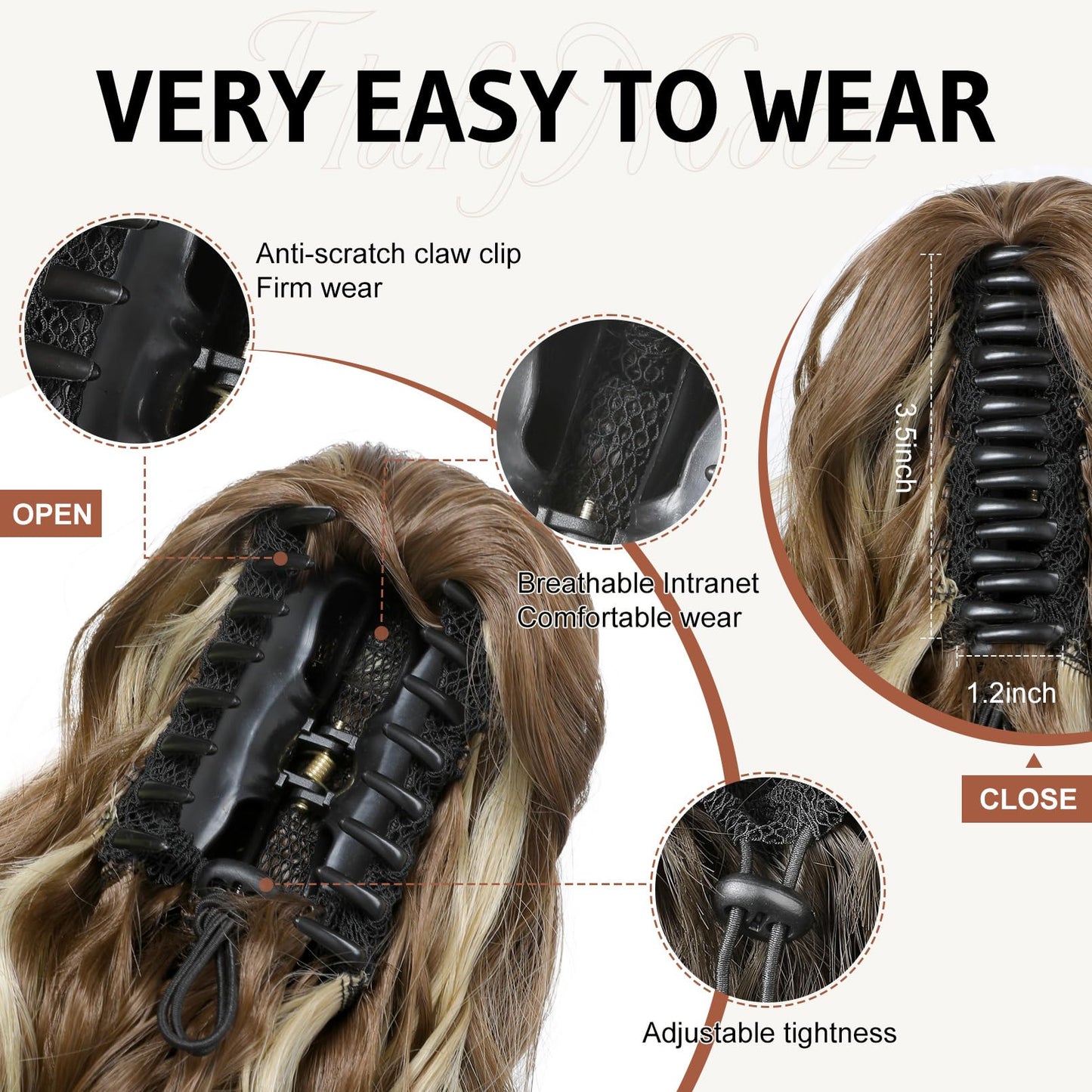 FLUFYMOOZ Ponytail Extension, 18 Inch Claw Clip Ponytail Extension, Wavy Curly Claw Clip in Ponytail Hair Extensions, Natural Fake Ponytail Synthetic Hairpiece for Women (Cool Brown with Blonde Highlights)