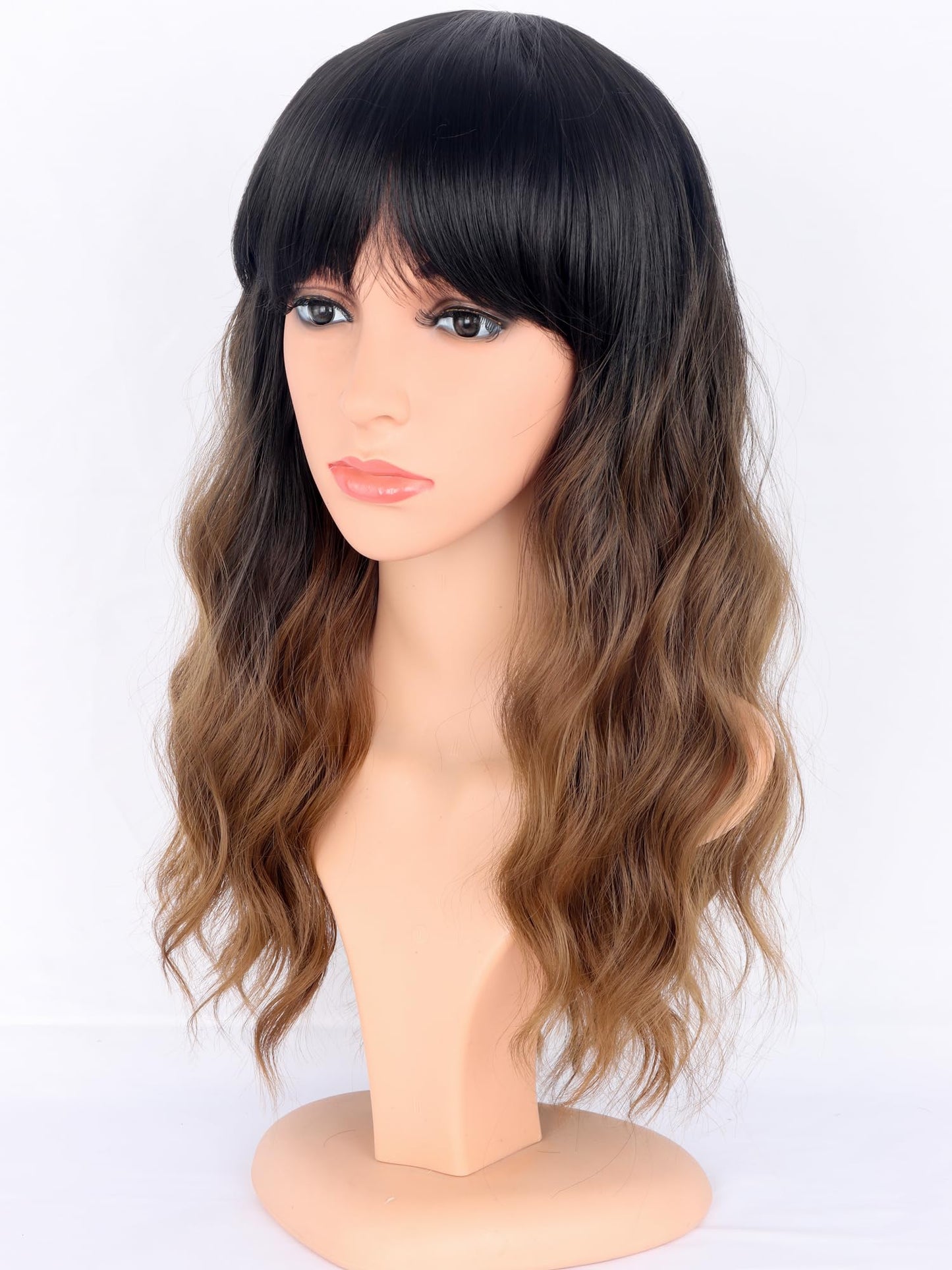 SYMEIW Ombre Brown Wavy Wigs with Bangs for Women Medium Length Brown Synthetic Wigs Natural Wavy Black To Brown Wigs Heat Resistant for Daily Party Use