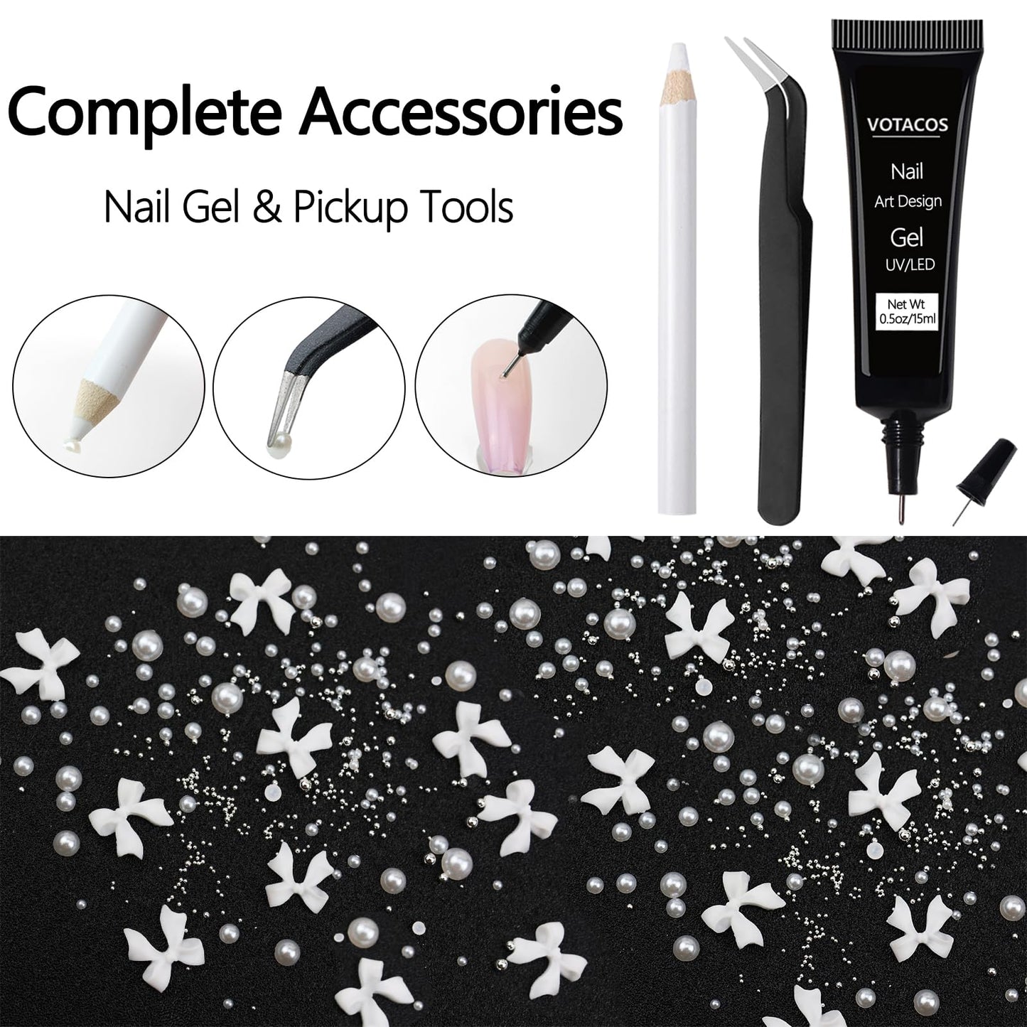 VOTACOS Nail Art Charms White Bow Nail Rhinestones with Nail Glue Gel Flatback Pearls Nail Gems Luxurious Nail Supplies Accessories White Silver Nail Jewelry Pearls for Women Nail DIY Design