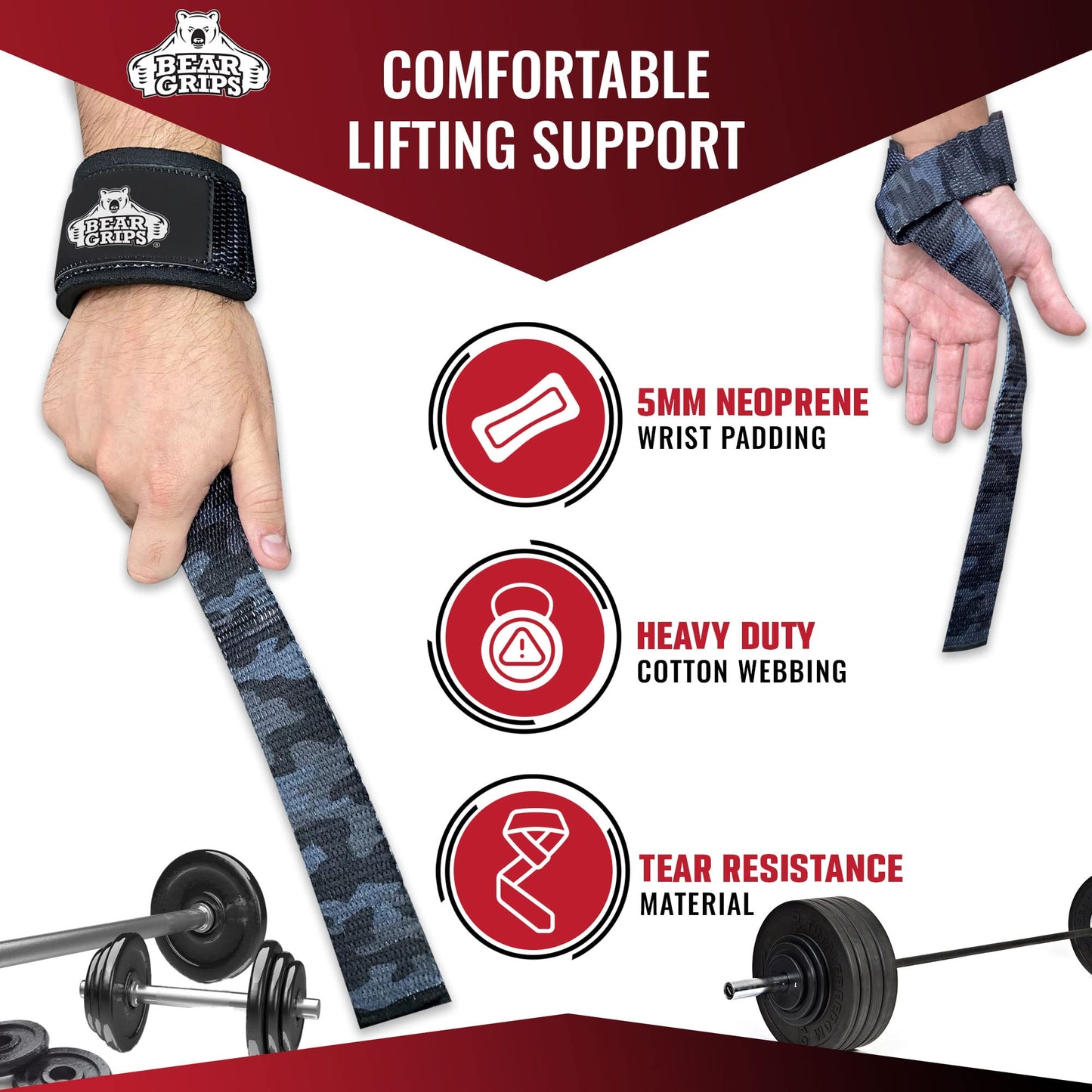 Bear Grips Lifting Straps Gym, Wrist Straps for Weightlifting, Gym Straps, Weightlifting Straps, Deadlift Straps, Weight Lifting Straps for Men, Weight Straps Lifting Women, 2 Lifting Strap Black Camo