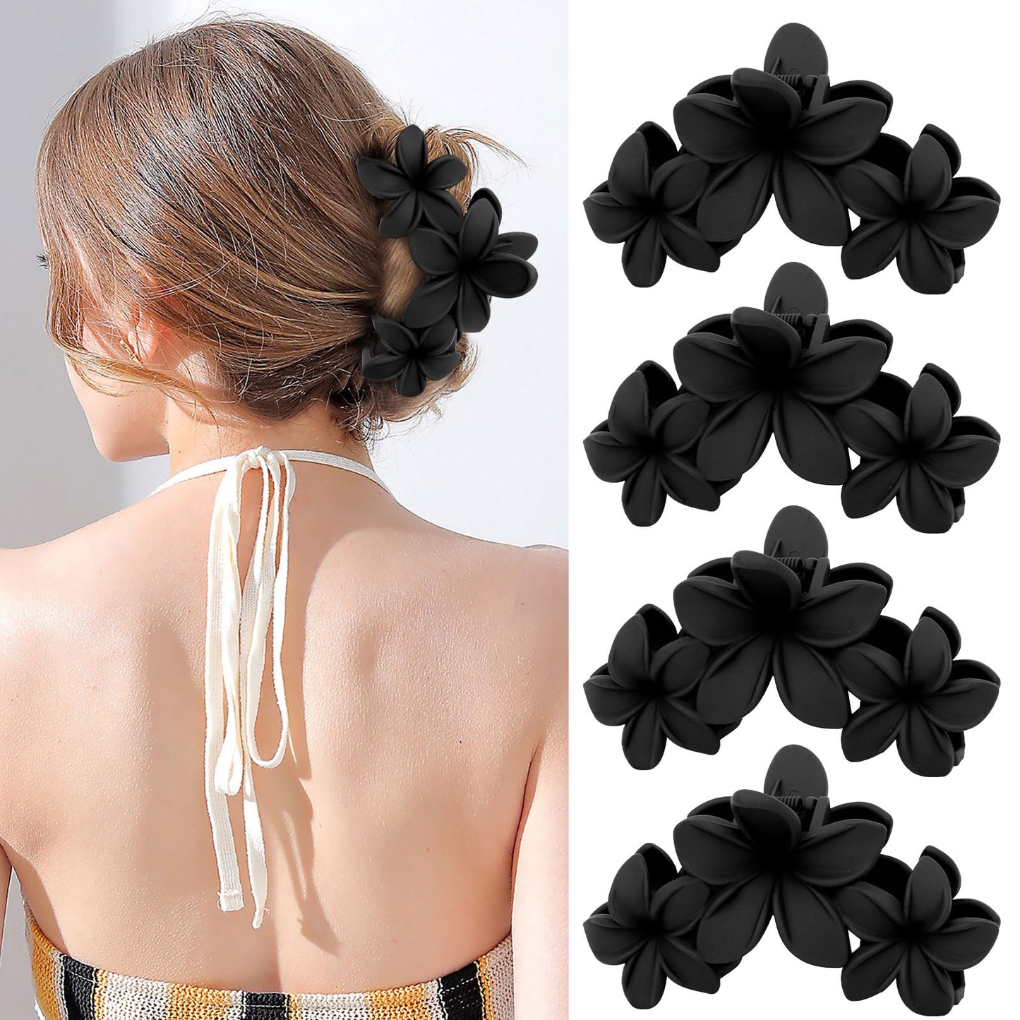 4PCS Matte Flower Hair Clips - Non-Slip Large Plumeria Clips for Thick Hair, Strong Hold for Women and Girls (Black)