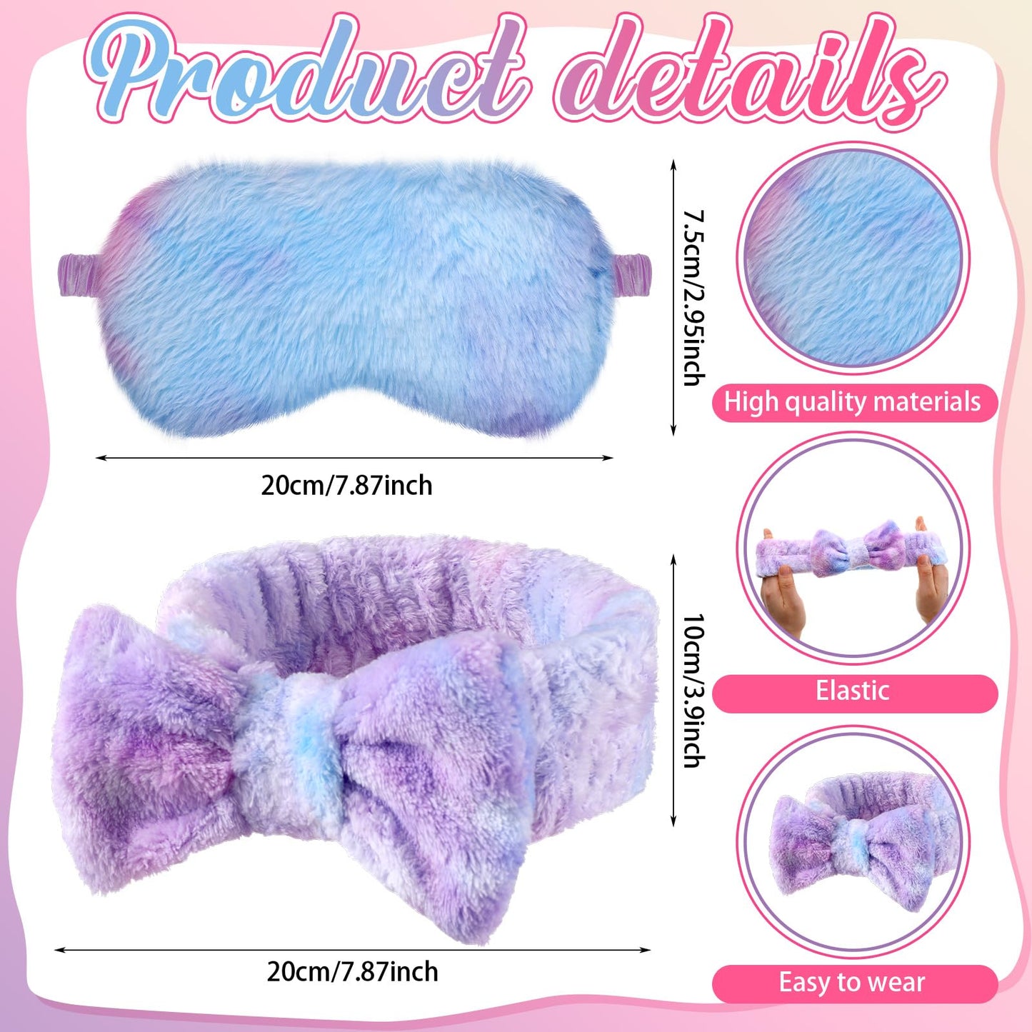 Xuhal 24 Pcs Spa Party Favors for Women Soft Makeup Headband for Washing Face Sleepover Party Supplies Sleep Eye Mask Bow Hair Bands for Sleepover Shower Gifts(Tie Dye)
