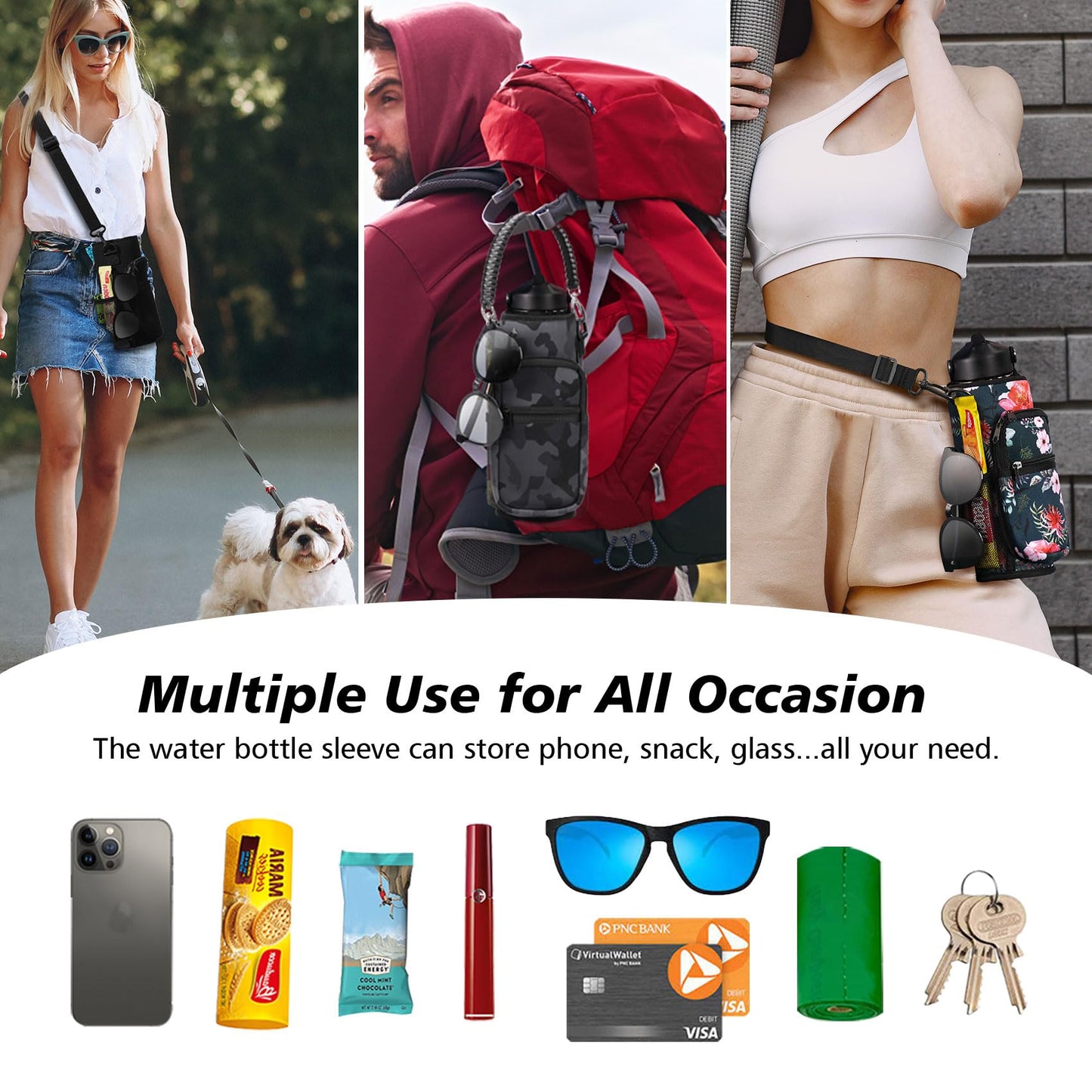 AceTreker 32 oz 40 oz Water Bottle Sleeve, Insulated Sport Water Bottle Holder with Strap & Paracord Handle, Flask Carrier Sling Bag with 4 Pockets for Walking Hiking-Wild Rose