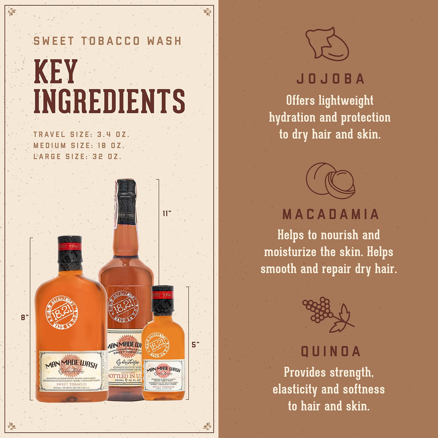 18.21 Man Made Absolute Mahogany Wash & Spiced Vanilla 3-in-1, 18 oz Wash 2-Set Bundle, All Hair & Skin Types for Men, Strengthens and Moisturizes in a Manly Aroma
