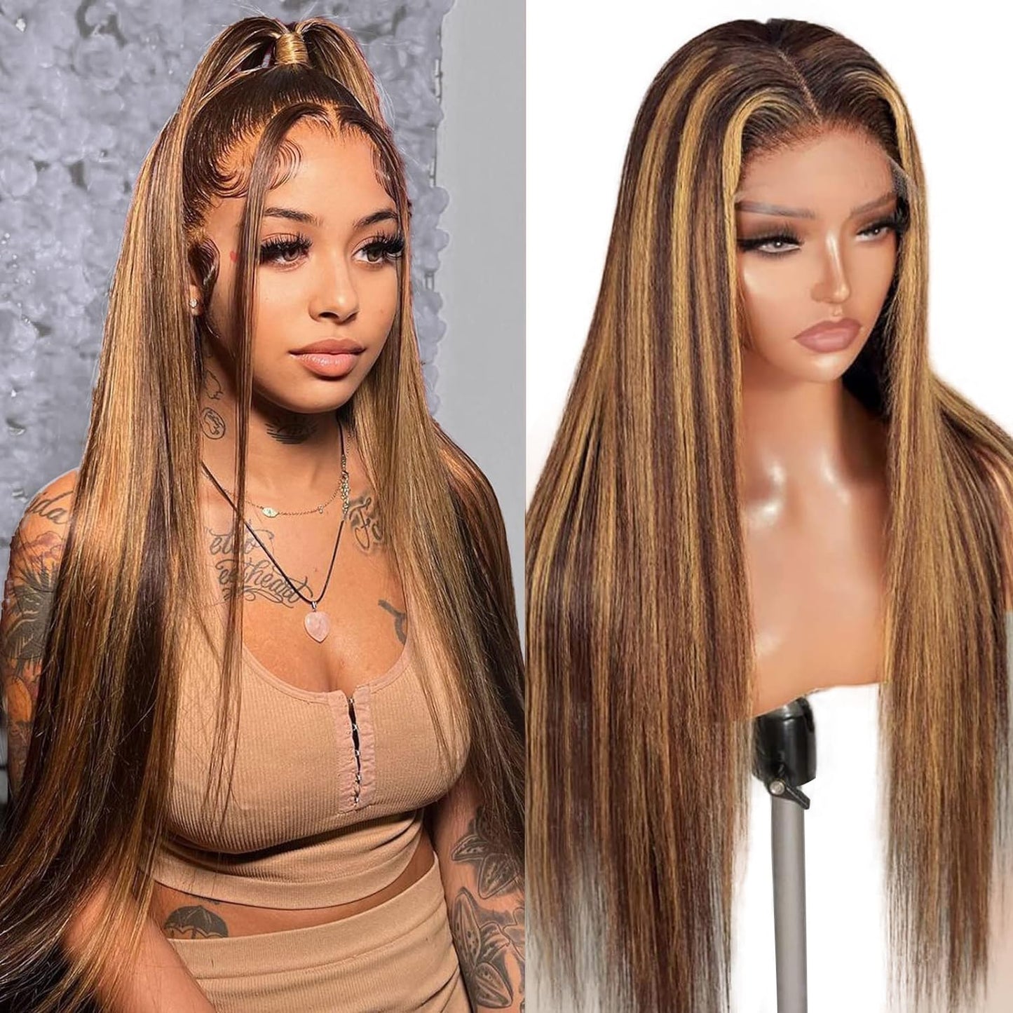 24 Inch Highlight Ombre Blonde Lace Front Wig Human Hair Pre Plucked 13x6 HD Transparent Lace Front Wig 4/27 Brown Highlight Honey Blonde Lace Frontal Wigs Ombre Blonde Human Hair Wigs for Women