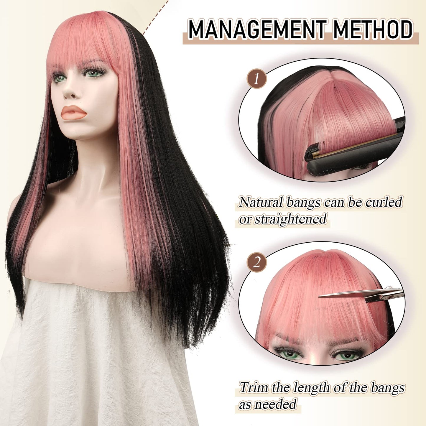SOFEIYAN Long Straight Wig with Bangs Black with Pink Strips Synthetic Hair Replacement Wigs Heat Resistant Full Wig for Women Girls 26 inches