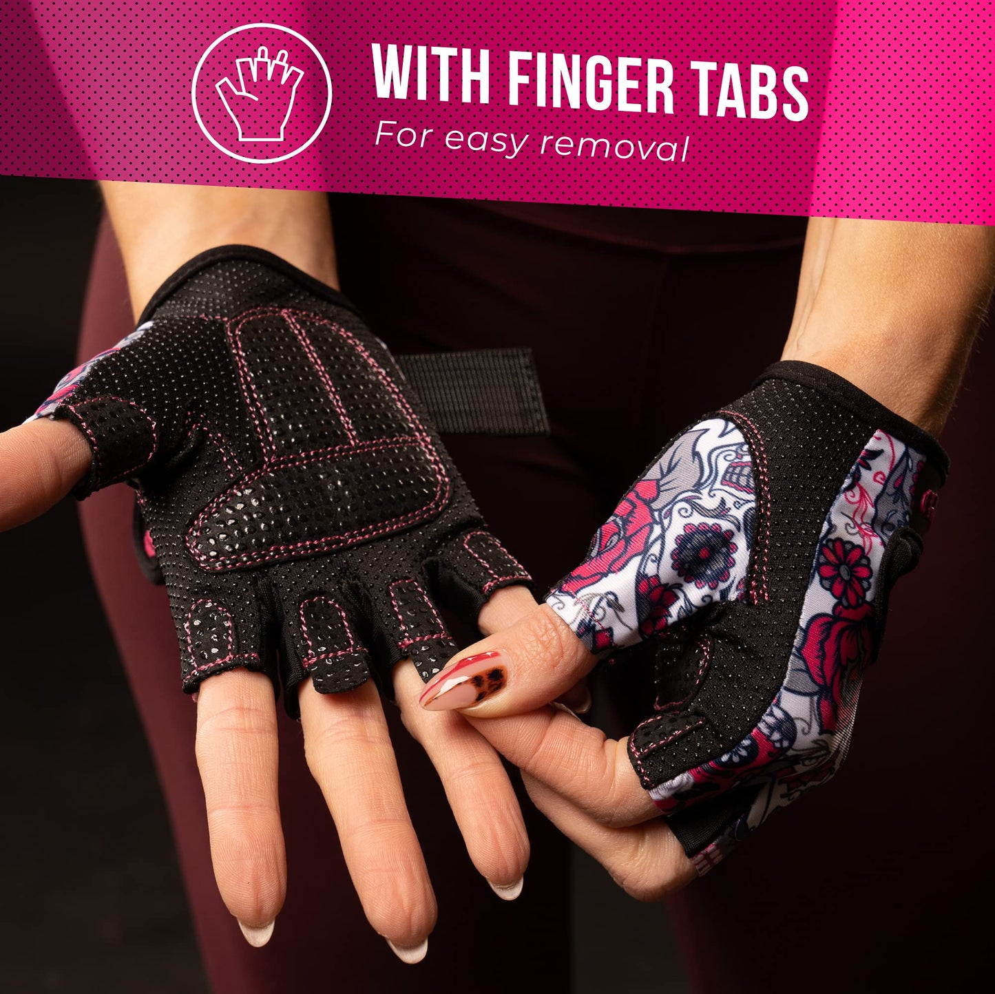 Contraband Pink Label 5237 Womens Designer Workout Gloves | Sugar Skull Print w/Grip-Lock™ Padding (Pink, X-Small)