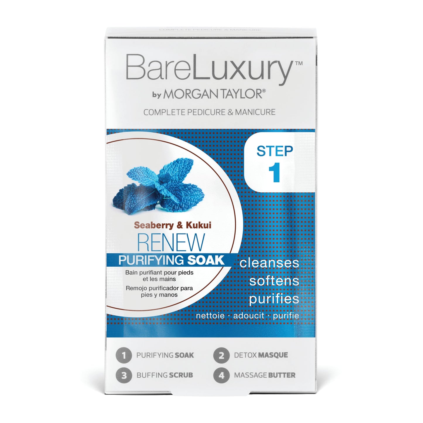 Morgan Taylor BareLuxury 4-Step Complete Pedicure & Manicure Packs (Renew Seaberry & Kukui) - Complete Nail Care Kit with Soak, Masque, Scrub & Massage Butter, Professional Spa-Quality Treatments.