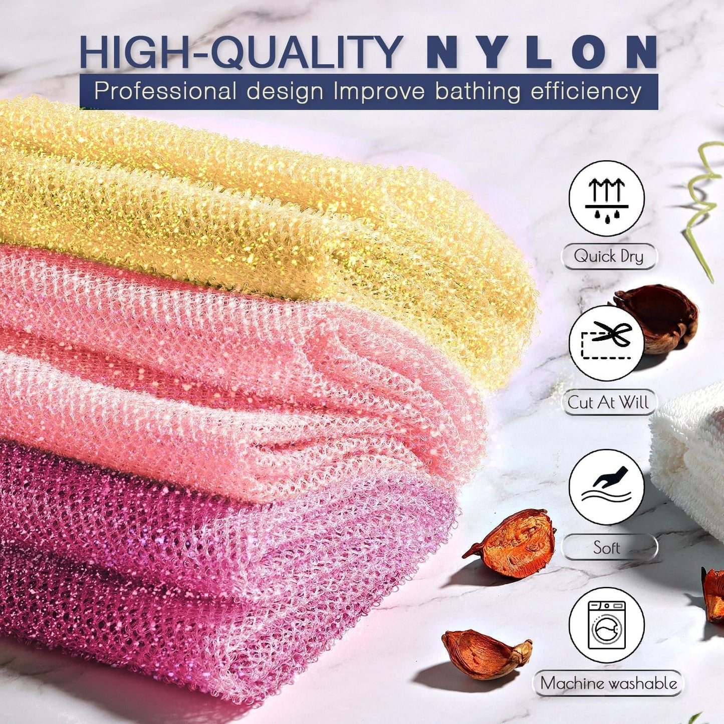 3 Piece Bright Style African exfoliating net Exfoliating Shower Set Long Bath Sponges for Smooth, Refreshed Skin, The Exterior Gleams - Ideal for Daily Use (Bright Yellow, Pink, Purple)
