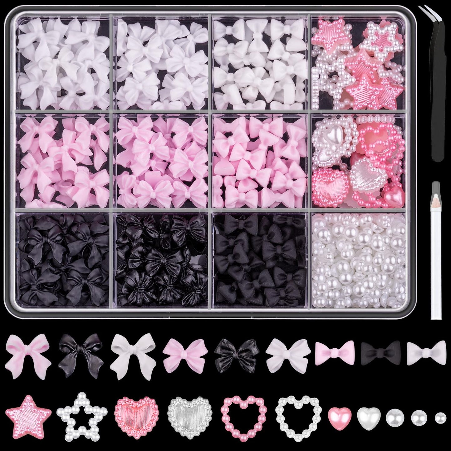 3D Nail Charms and Flatback Pearls #2, 600 Pcs Pink White Black Multi Styles Bowknot Charms + Pink&White Star Heart Nail Jewels + 2-6mm White Nail Pearls for Nail Art Design with Pickup Tools