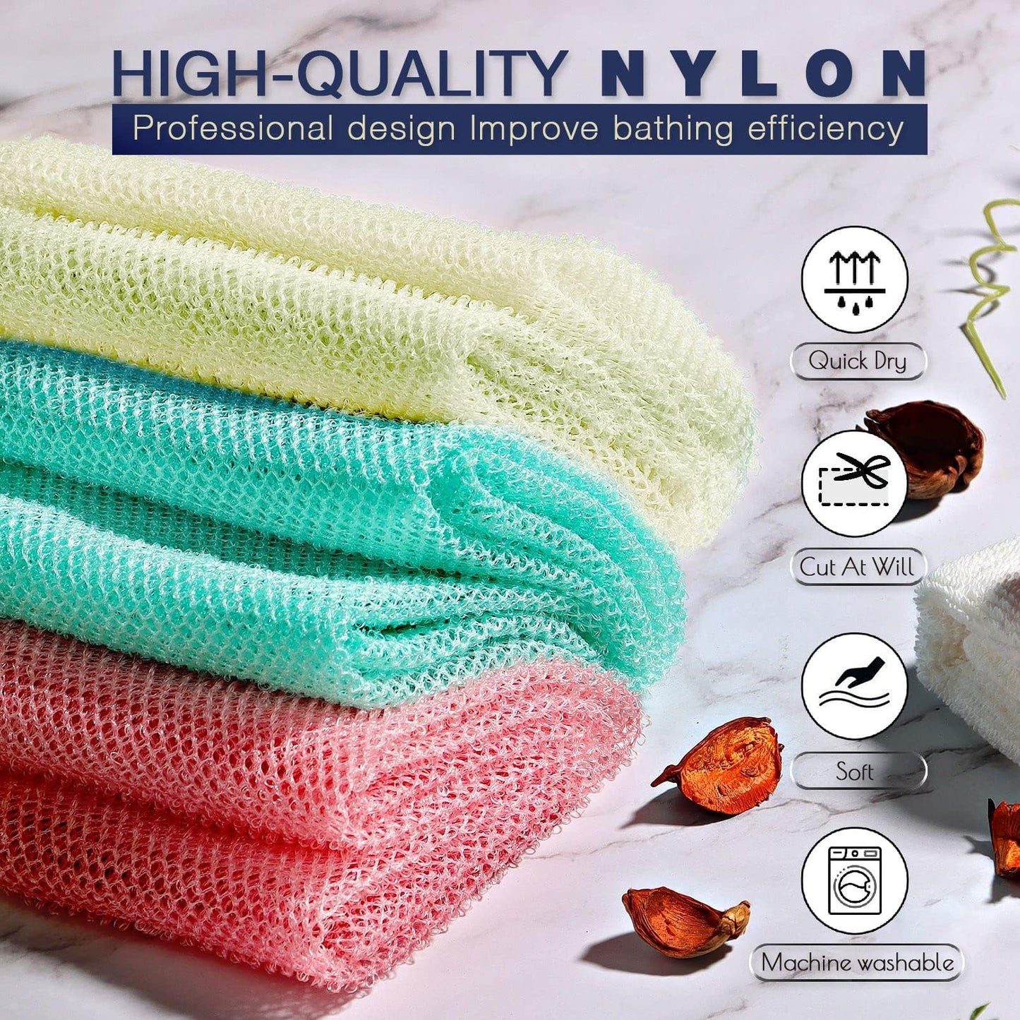 3 Pieces African Net Sponge, African exfoliating net African Net Long Net Bath Sponge Exfoliating Shower Body Scrubber Back Scrubber Skin Smoother(Pink, Green, Off-White)