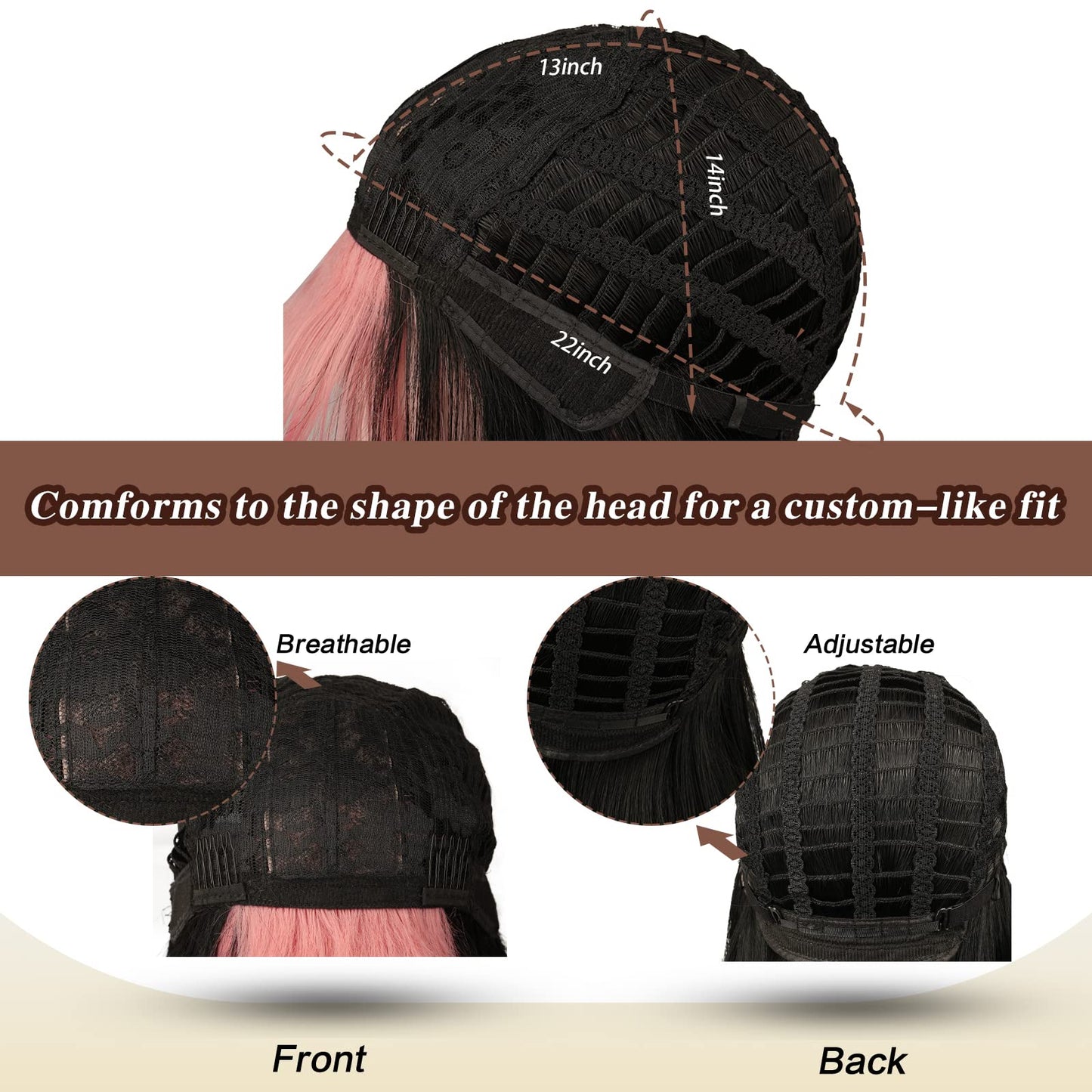 SOFEIYAN Long Straight Wig with Bangs Black with Pink Strips Synthetic Hair Replacement Wigs Heat Resistant Full Wig for Women Girls 26 inches