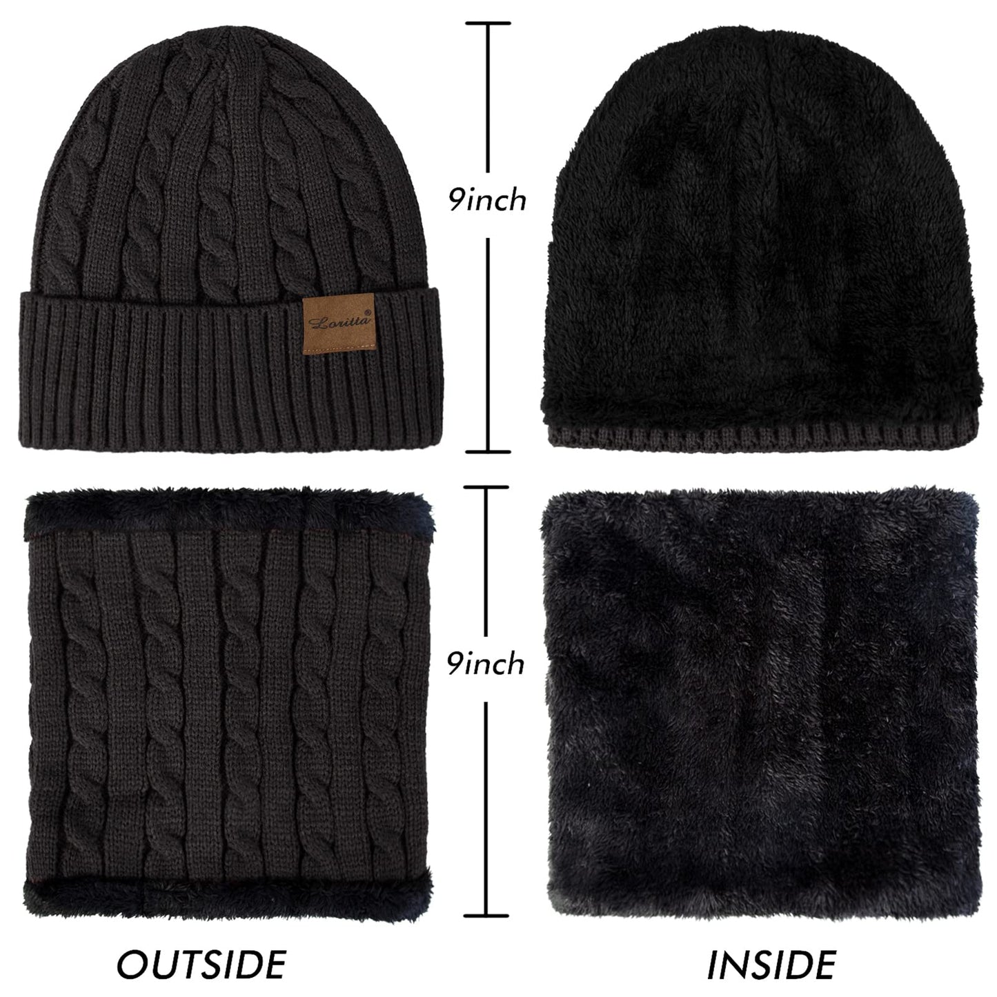 3 Pieces Winter Beanie Hat Scarf Touch Screen Gloves Set Thick Warm Knit Skull Cap Fleece Lined Scarves Gifts for Women,Black