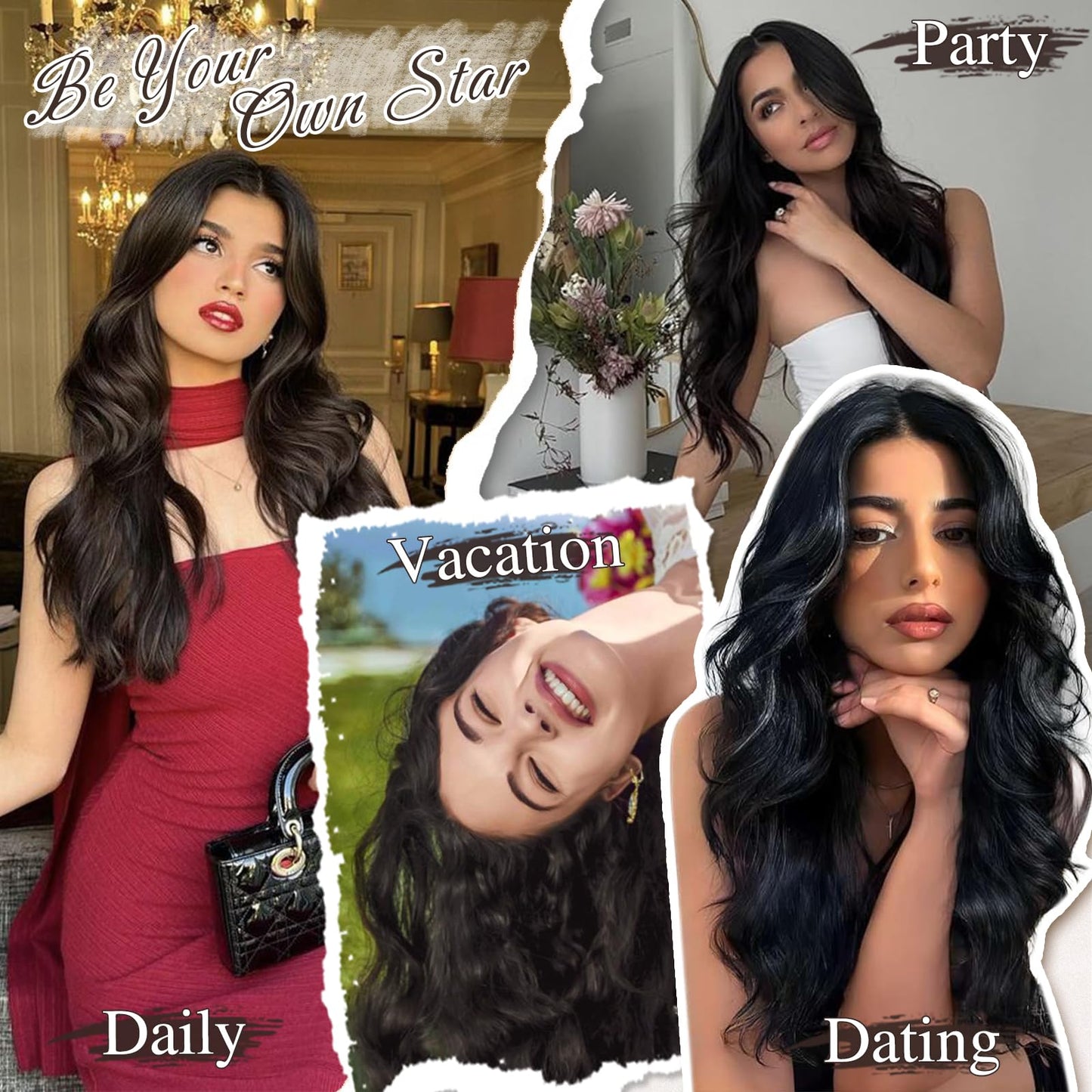 BARSDAR Brown Clip in Hair Extensions - 16 Inch Wavy Clip in Hair Extensions for Women - 6PCs Full Head Thick Soft Synthetic Clip in Hairpieces Daily Party Halloween- Dark Brown