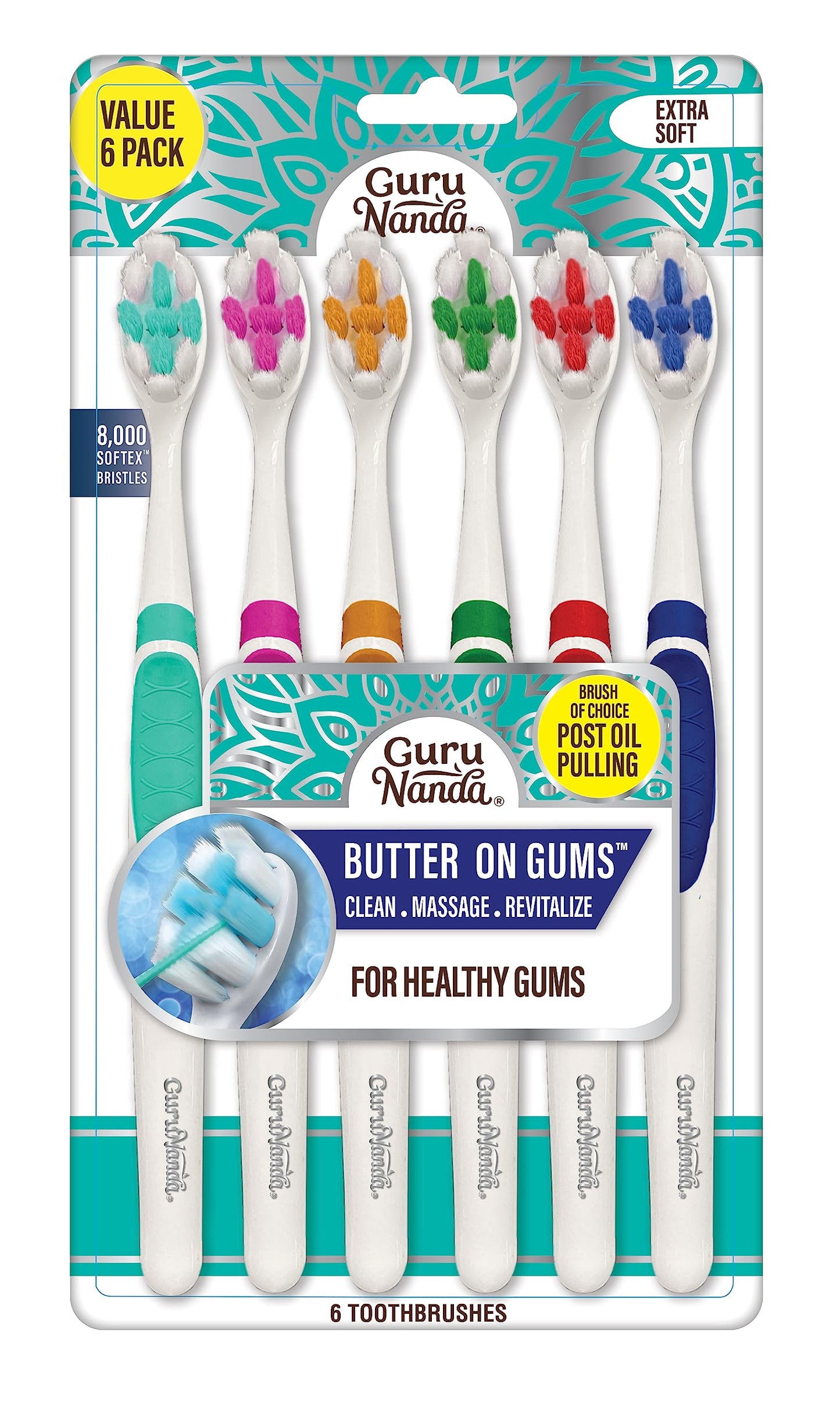 GuruNanda Butter On Gums Toothbrush Bundle with 8000+ Softex Bristles, 6 Count & Extra Soft Bristles, 2 Count