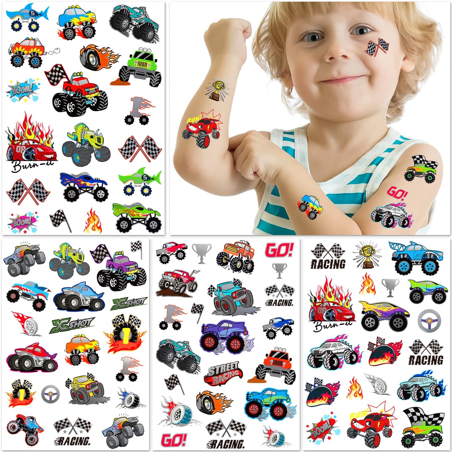 75 PCS Truck Temporary Tattoos for Kids, Groovy Metallic Styles Tattoos for Truck Wheels Birthday Party Supplies Racing Car Checkered Flag Trophy Flame Fake Tattoo Stickers for 5 6 7 8 Years Old Boys