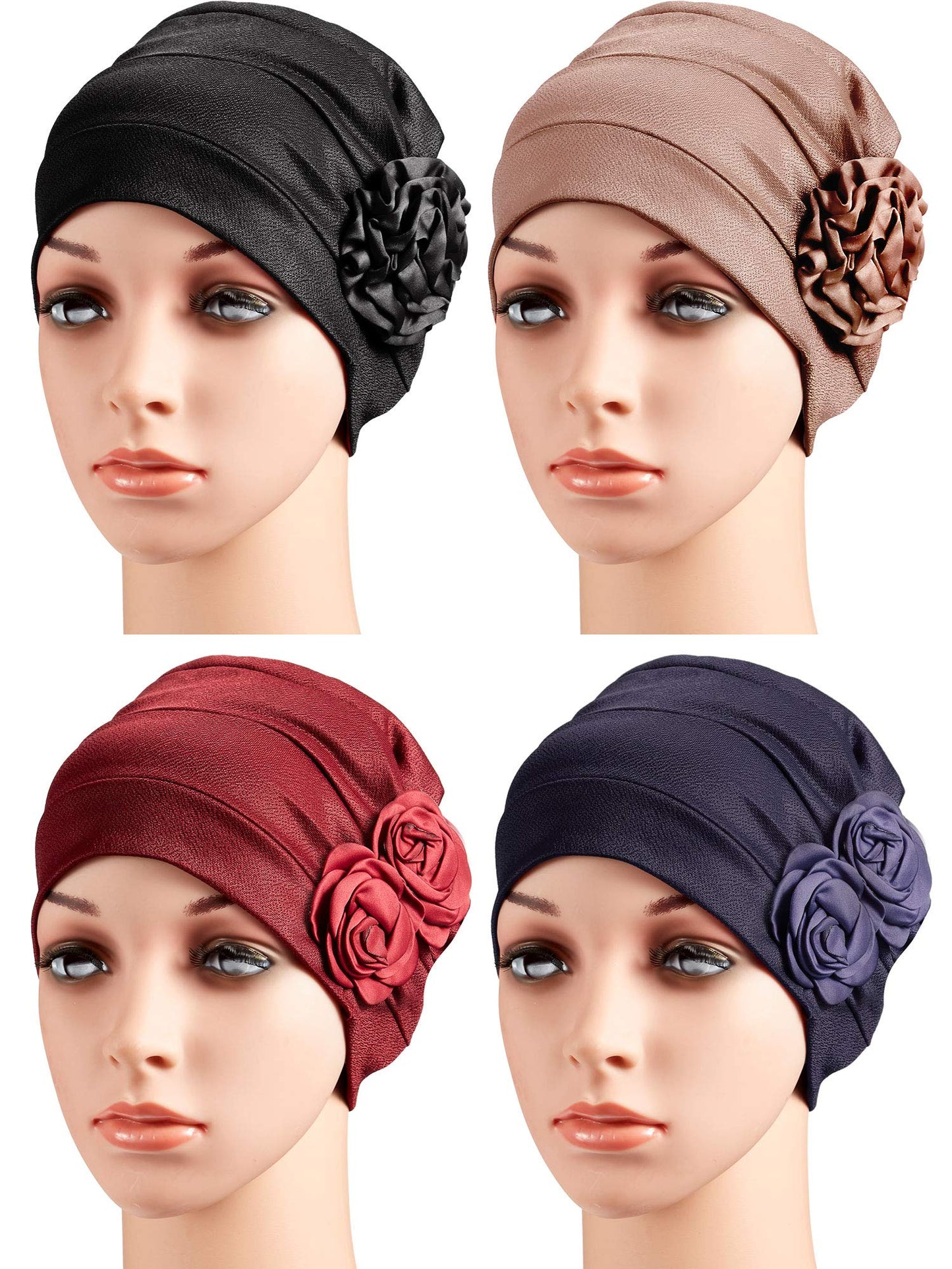 4 Pieces African Head Wrap Flower Turban Hats for Women (Khaki, Black, Wine Red, Navy Blue)