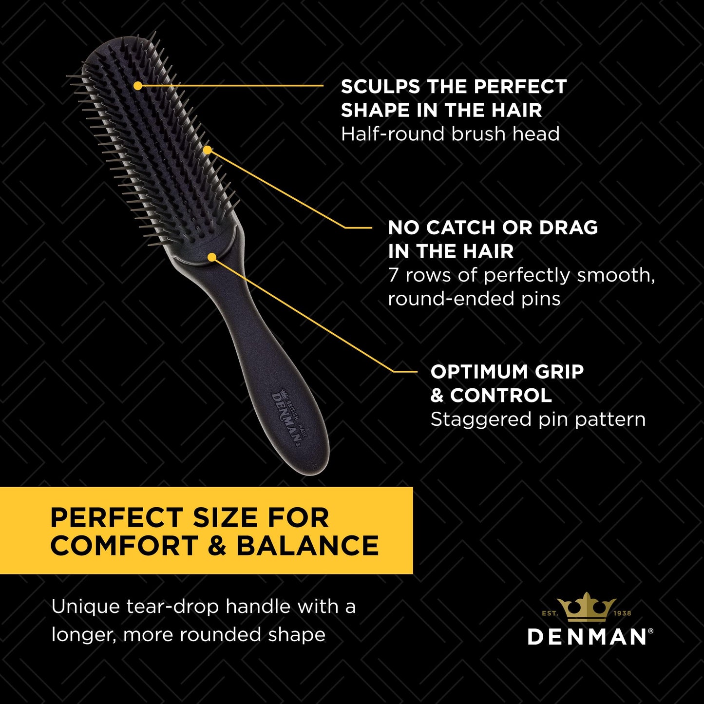 Jack Dean by Denman Curly Hair Brush D3 (All Black) 7 Row Styling Brush for Detangling, Separating, Shaping and Defining Curls - For Women and Men