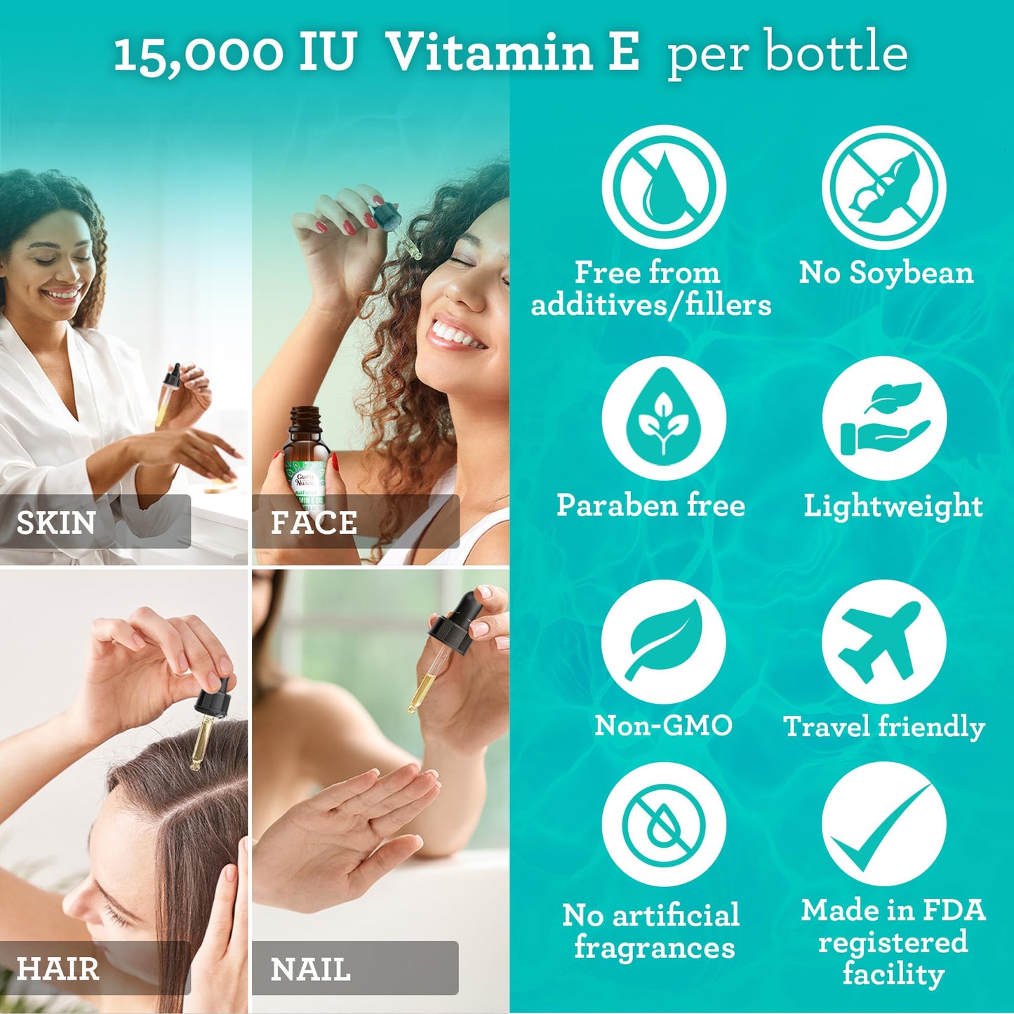 GuruNanda Vitamin E Oil, 2 Fl Oz Pure & Natural, 15,000 IU per Bottle, for Skin, Hair, Face, Nails & Scars, With Coconut Oil to Help Nourish & Moisture, Non-GMO & Vegan