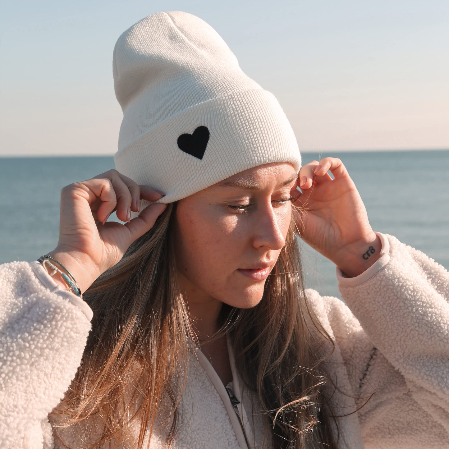 Atticus Poetry Dad Hat for Women (Heart Green) and Cuffed Beanie for Women (Heart Off-White) - Unisex Fit, One Size