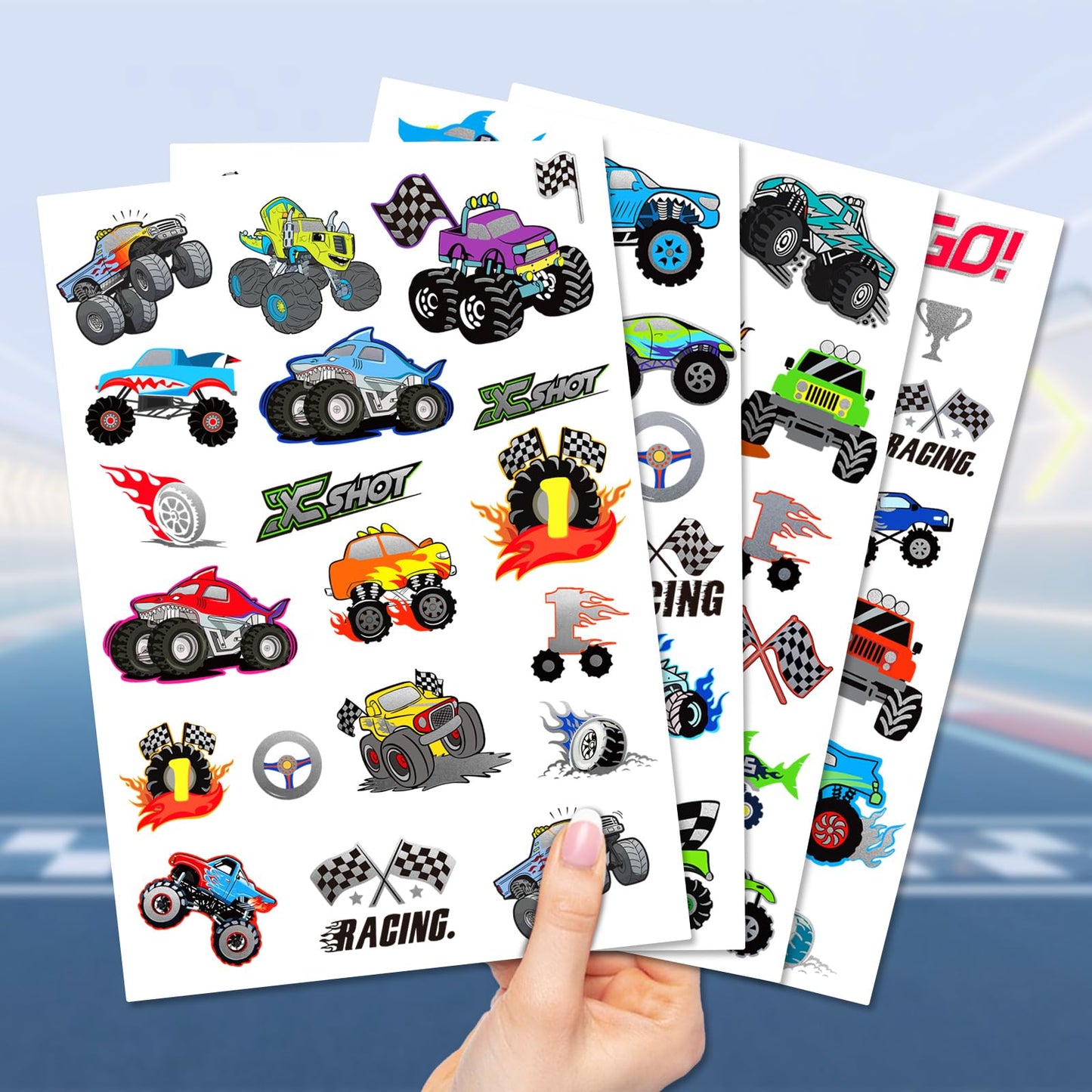 75 PCS Truck Temporary Tattoos for Kids, Groovy Metallic Styles Tattoos for Truck Wheels Birthday Party Supplies Racing Car Checkered Flag Trophy Flame Fake Tattoo Stickers for 5 6 7 8 Years Old Boys