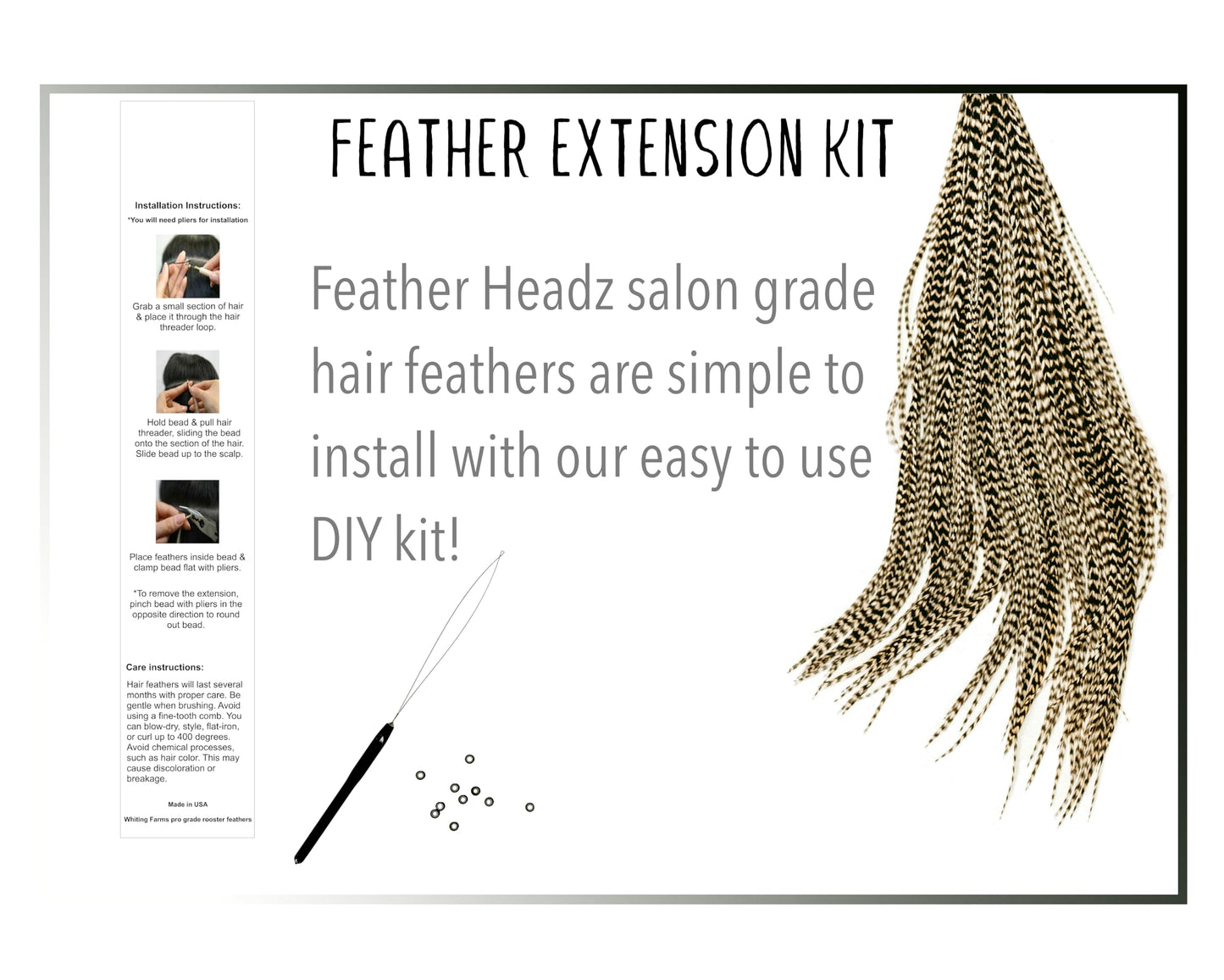 21 Grizzly Color Hair Feathers - 9”- 14” Long - Feathers for Hair Extension, Hair Extension DIY Kit - Eye-Catching Design - 20 Micro-link Beads - 100% Real Rooster Feathers