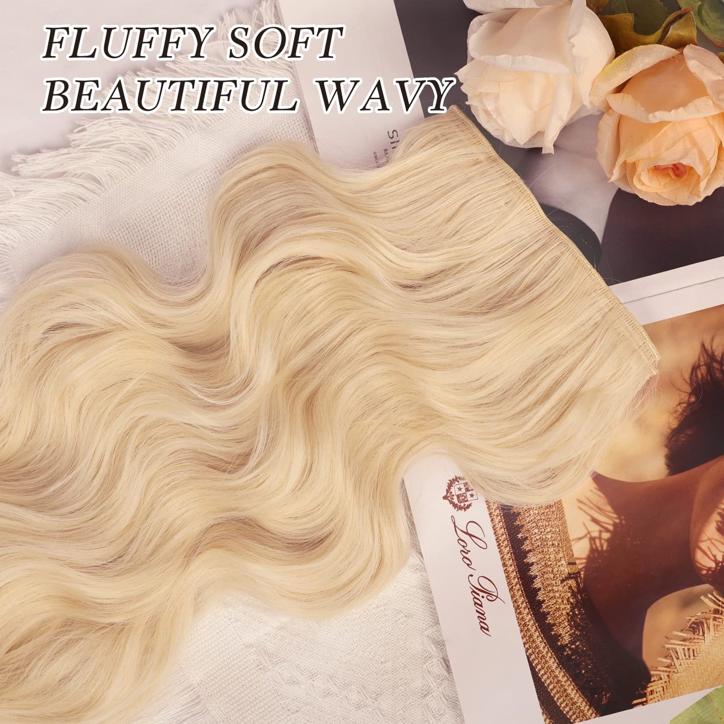 NAYOO Clip in Hair Extensions for Women 20 Inch Long Wavy Curly Light Blonde Hair Extension Full Head Synthetic Hair Extension Hairpieces (6PCS, Light Blonde)