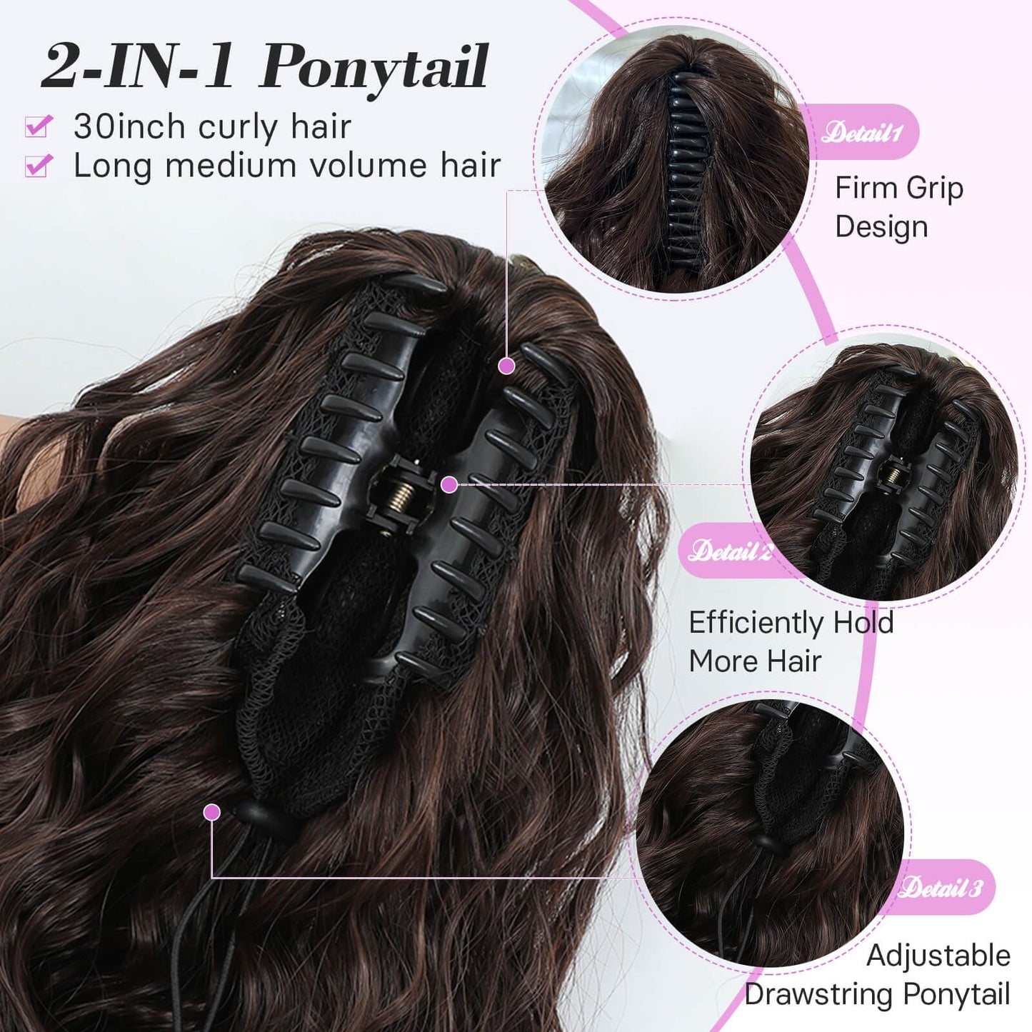 MARJORIE Ponytail Extension,30" Long Curly Claw Pony Tails Hair Extensions Chocolate Brown Fake Ponytail Fluffy Ponytail Extension Multi-layered Design Wavy Synthetic Ponytail Hairpiece for Women