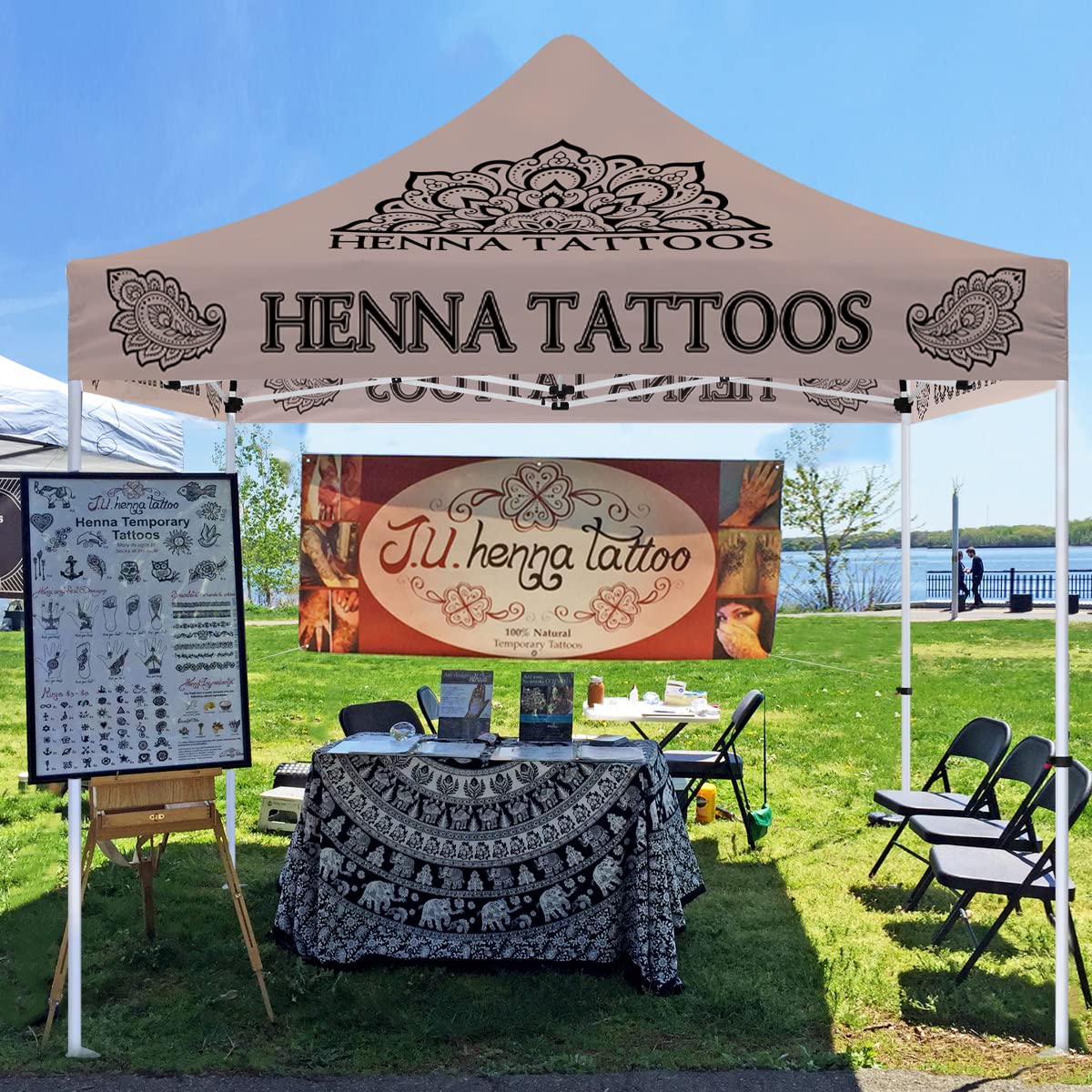 10x10 Henna Tattoo Themed Pop Up Canopy Tent, Dye-Sub Printed Artists Tent for Natural Henna Body Art and Face Painting Heavy Duty with Roller Bag, Back Wall, Sidewalls and Rails