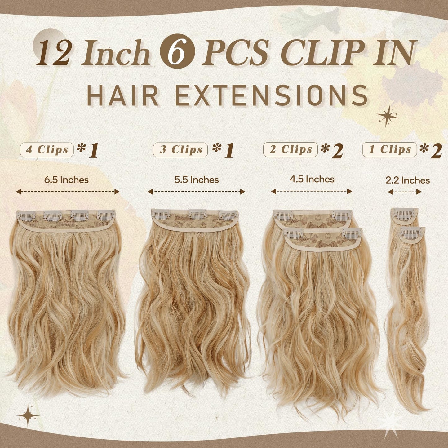 BARSDAR Blonde Clip in Hair Extensions - 12 Inch Short Wavy Clip in Hair Extensions for Women - 6PCs Full Head Thick Soft Synthetic Clip in Hairpieces Daily Party - Honey Blonde Mix