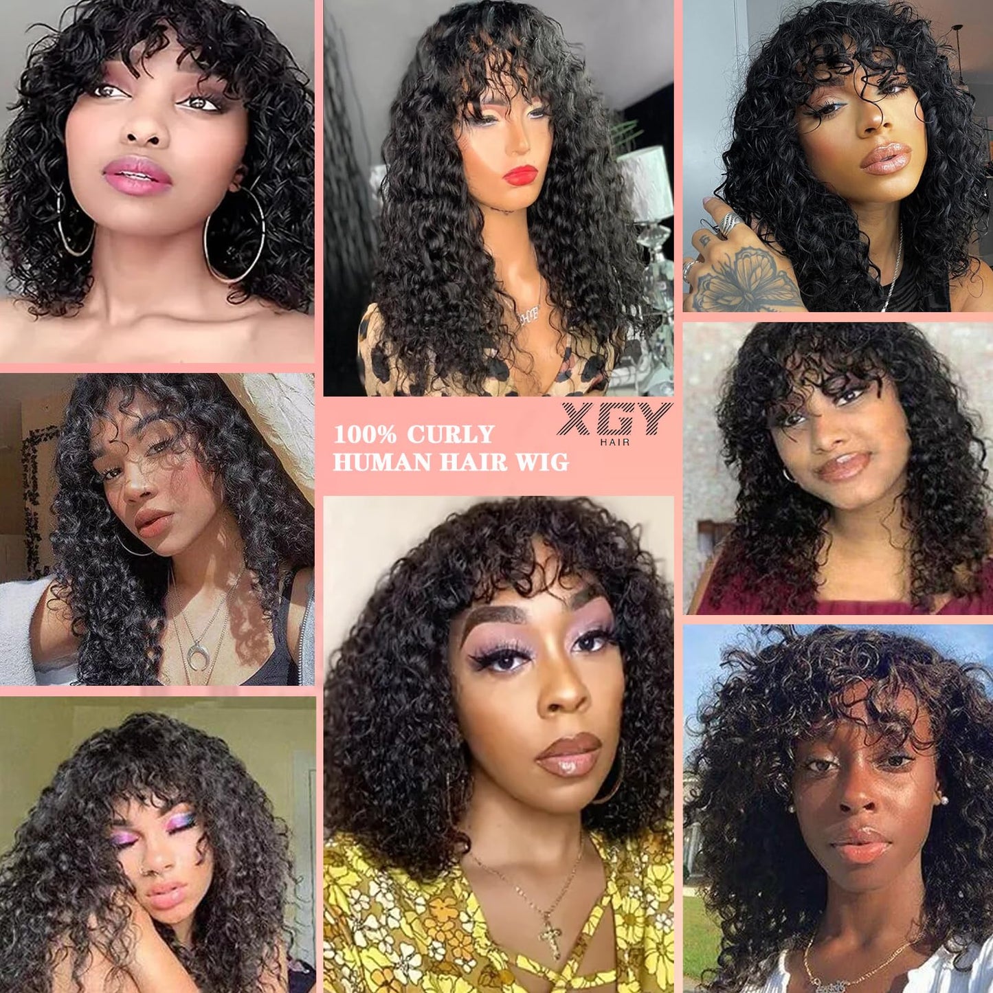 22 Inch Curly Human Hair Wigs with Bangs 150% Density Machine Made Virgin Curly Human Hair Wig Scalp Base None Lace Front Water Wave Wigs for Black Women Glueless Natural Hair Wig(1B#)