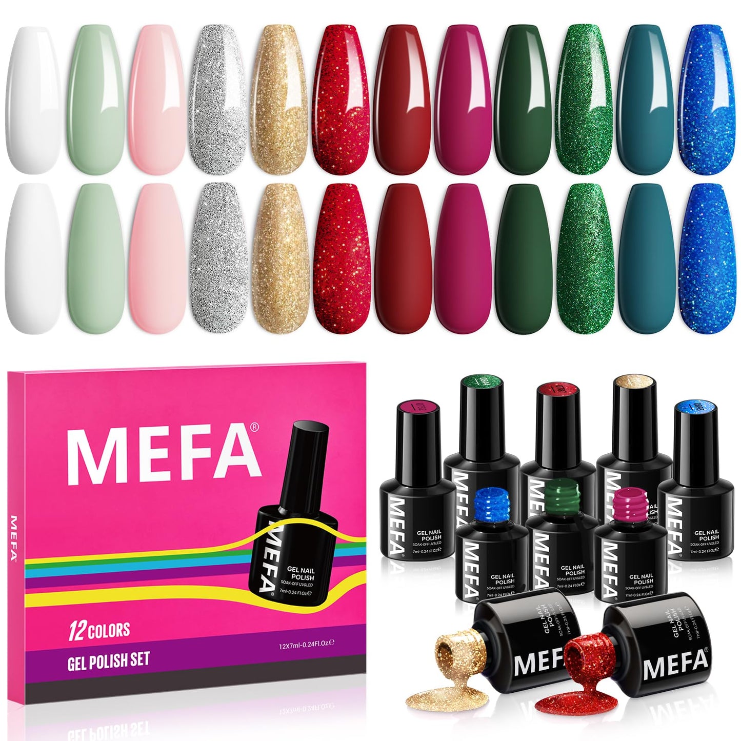 MEFA Glitter Gel Nail Polish Set, 12 Colors Burgundy Red Dark Green Glitter Gel Polish Silver Gold Sparkle Nail Polish Manicure All Seasons Soak Off DIY Salon Gifts for Women