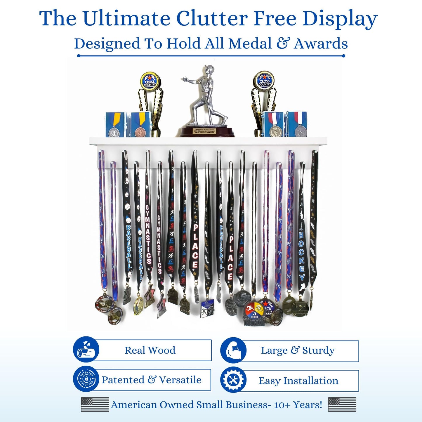 2ft- Medal Awards Rack- Premier Medal Hanger Display and Trophy Shelf - Multi-Purpose Trophy and Medal Holder for Medal Display, Plaques, Pictures, Trophies and More Solid Wood