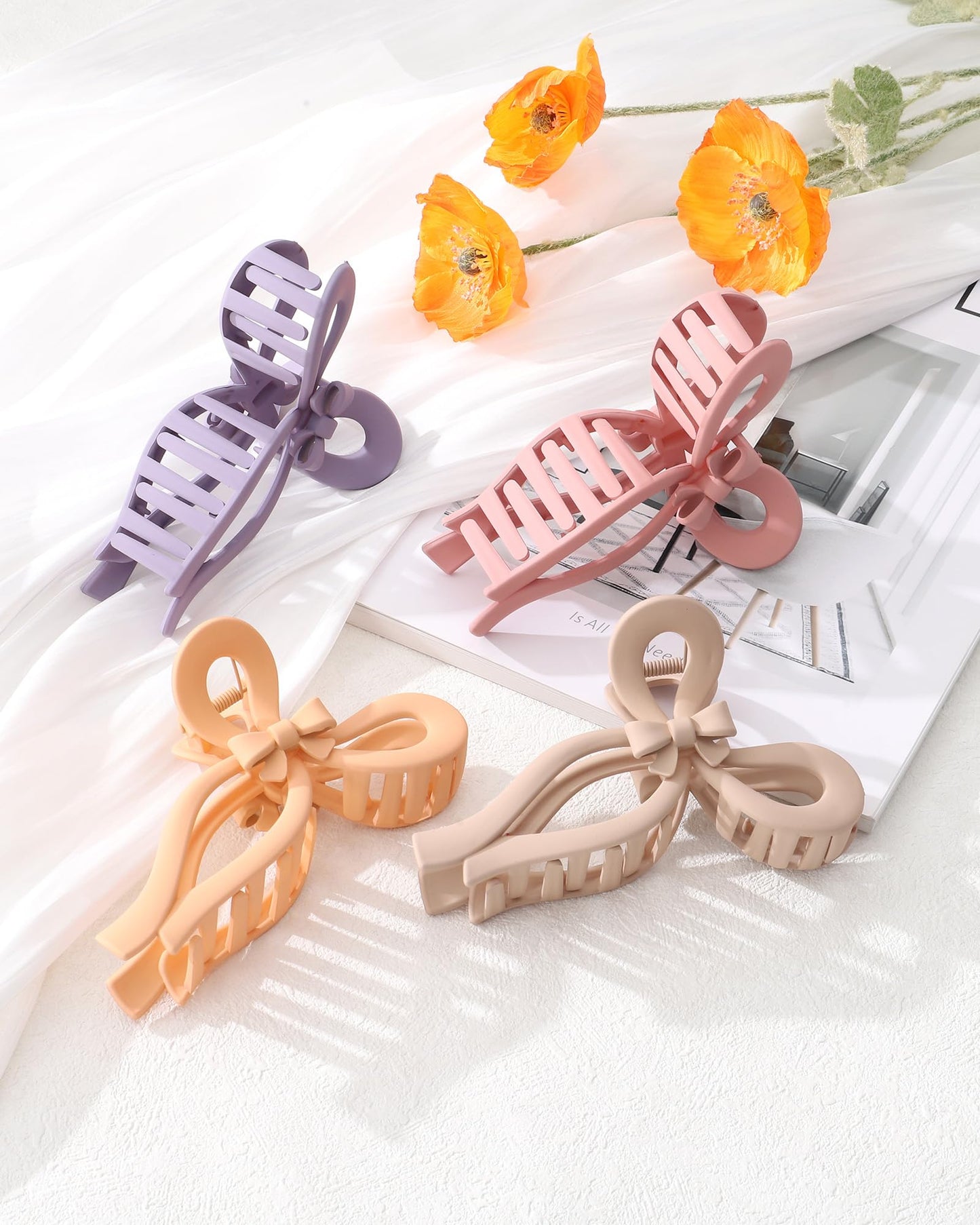 4 PCS Bow Hair Clips for Women Bow Claw Clip 5" Large Hair Claw Clips for Thick and Thin Hair Cute Bows Jaw Clip (Purple + Pink + Orange + Light Brown)