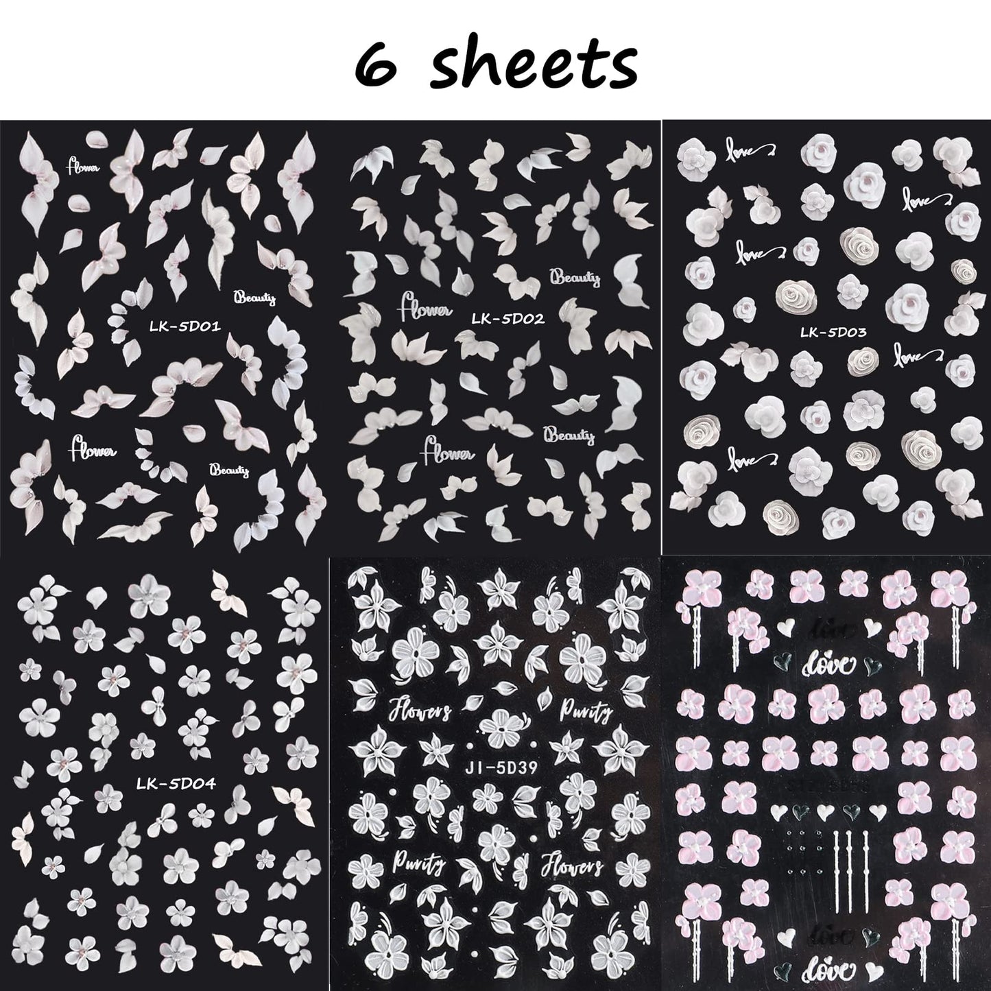 VOTACOS 6 Sheets Flower Nail Stickers for Nail Art 5D Embossed Engraved Nail Decals 3D Spring Summer Nail Supplies Accessories Self-Adhesive Nail DIY Design Decoration for Women and Girls