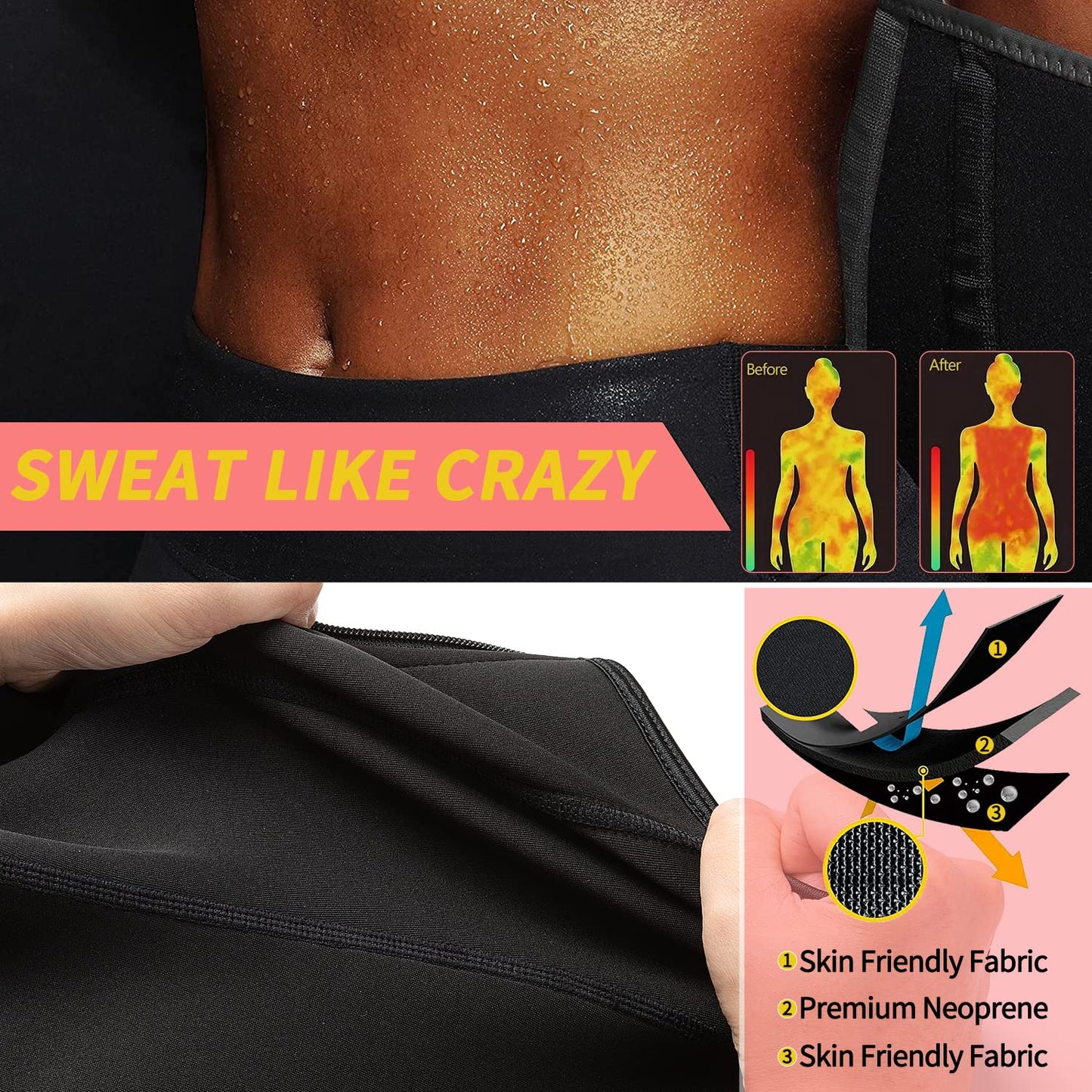 KIWI RATA Neoprene Sauna Waist Trainer Corset Sweat Belt with 2 Straps for Women C-bones Compression Workout Fitness Double Trimmer Belts,#3 Hooks Black,Large