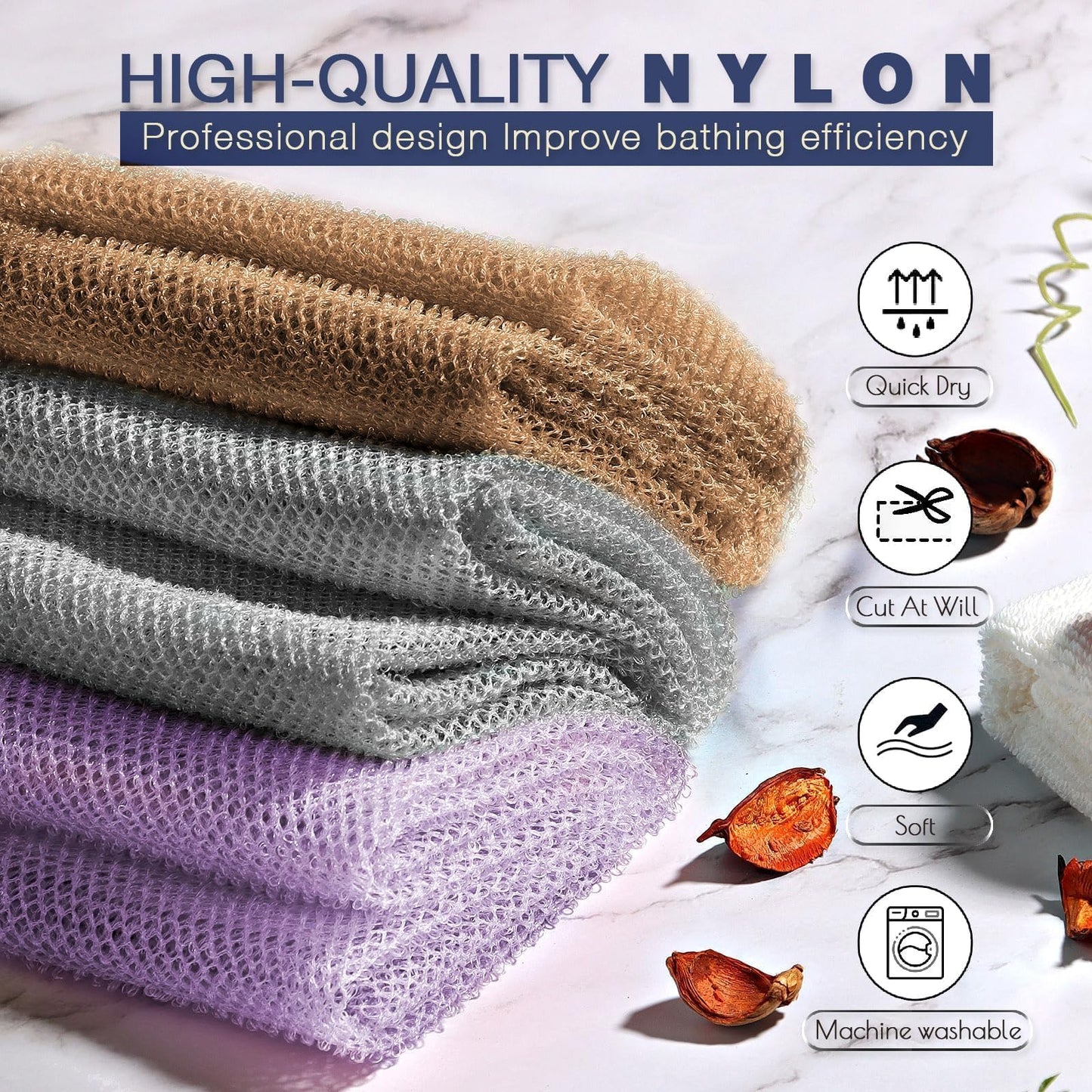 3 Pieces African exfoliating net African Net Long Net Bath Sponge Exfoliating Shower Body Scrubber Back Scrubber Skin Smoother,Great for Daily Use (Purple、Gray、Brown)