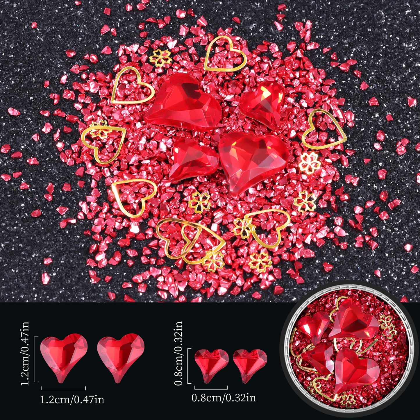 6 Wheels Mixed Sparkle Nail Art Rhinestones Diamonds Crystals Butterfly Beads Artificial Pearls Gold Silver Nail Studs Gems Metal Hollow Rivets Charms (Red)