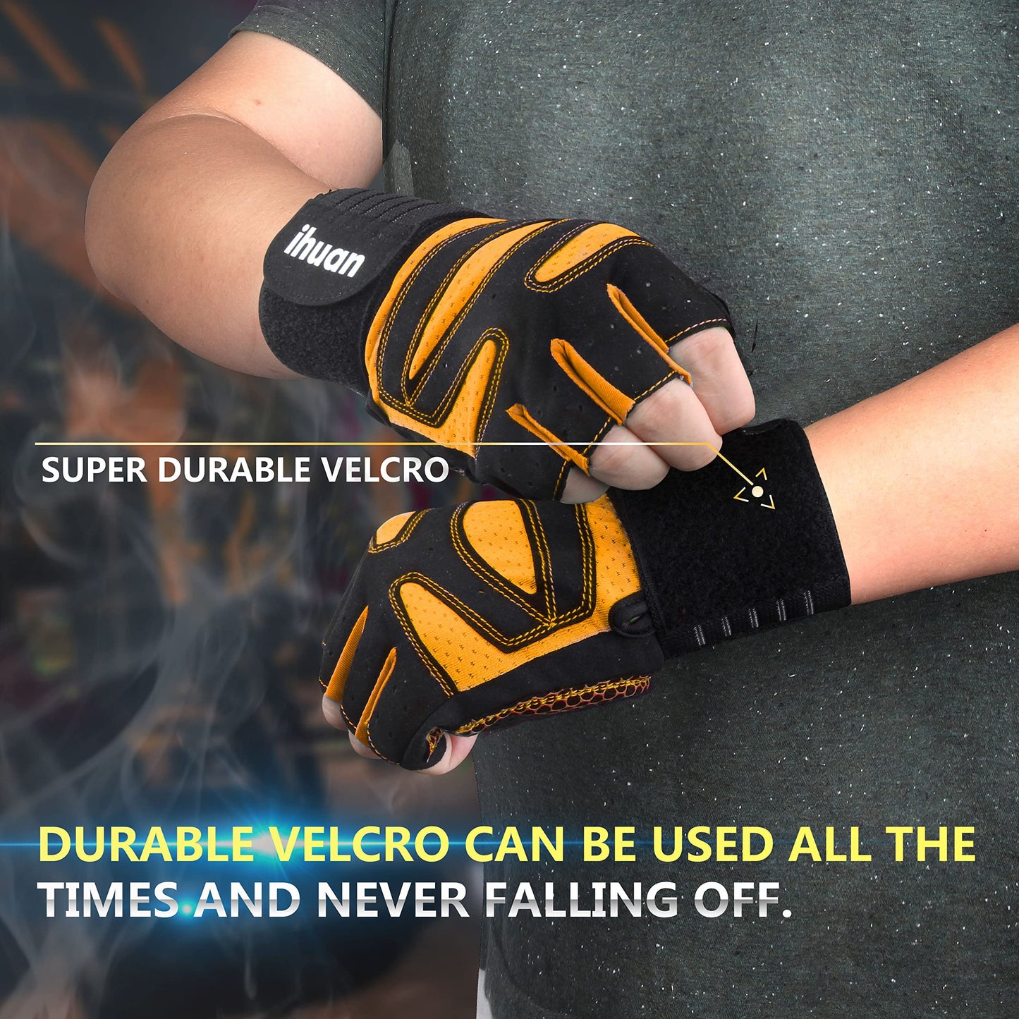 ihuan Ventilated Weight Lifting Gym Workout Gloves with Wrist Wrap Support for Men & Women, Full Palm Protection, for Weightlifting, Training, Climbing, Fitness, Hanging, Pull ups (Orange, XS)