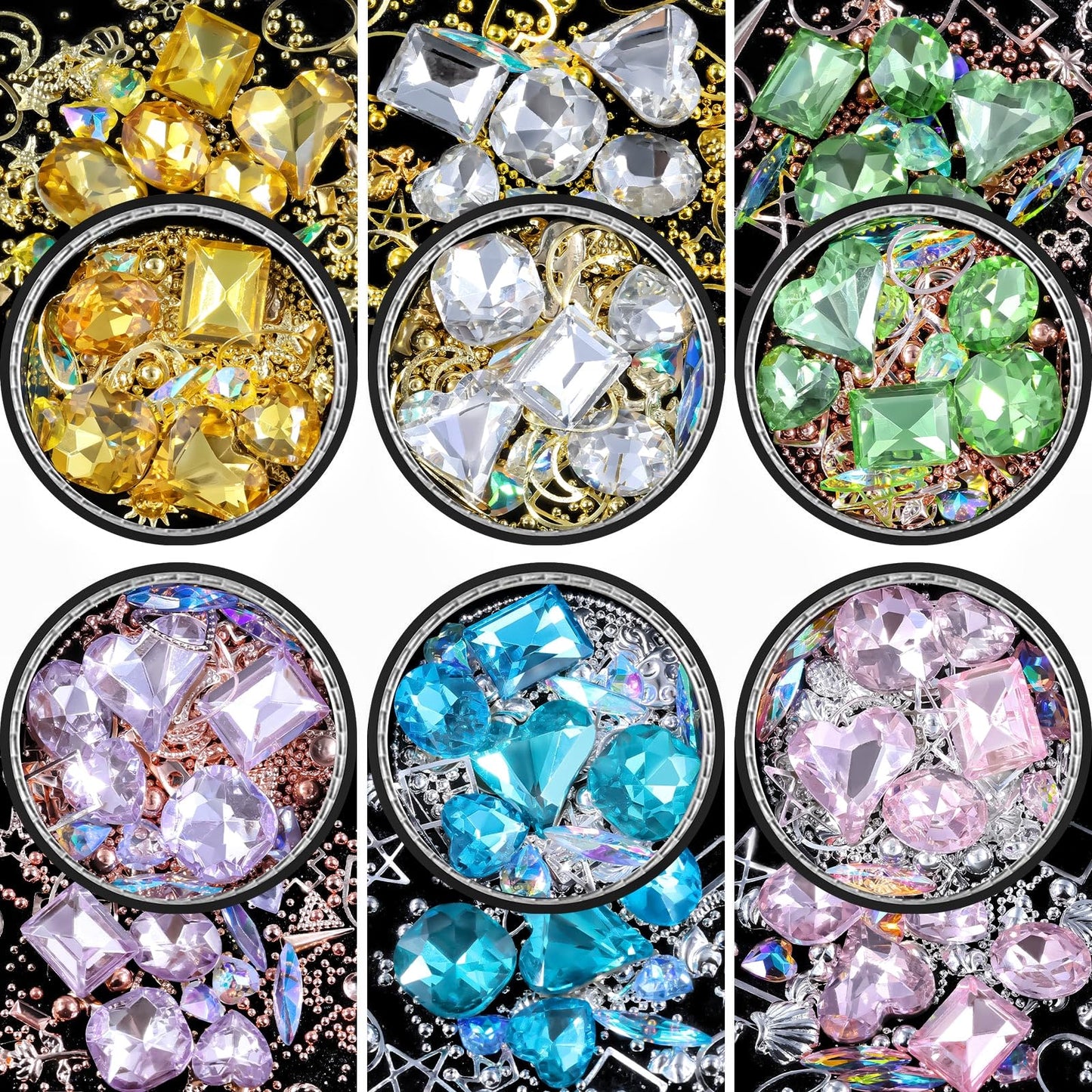 6 Wheels Mixed Sparkle Nail Art Rhinestones Diamonds Crystals Butterfly Beads Artificial Pearls Gold Silver Nail Studs Gems Metal Hollow Rivets Charms (Kit-5)