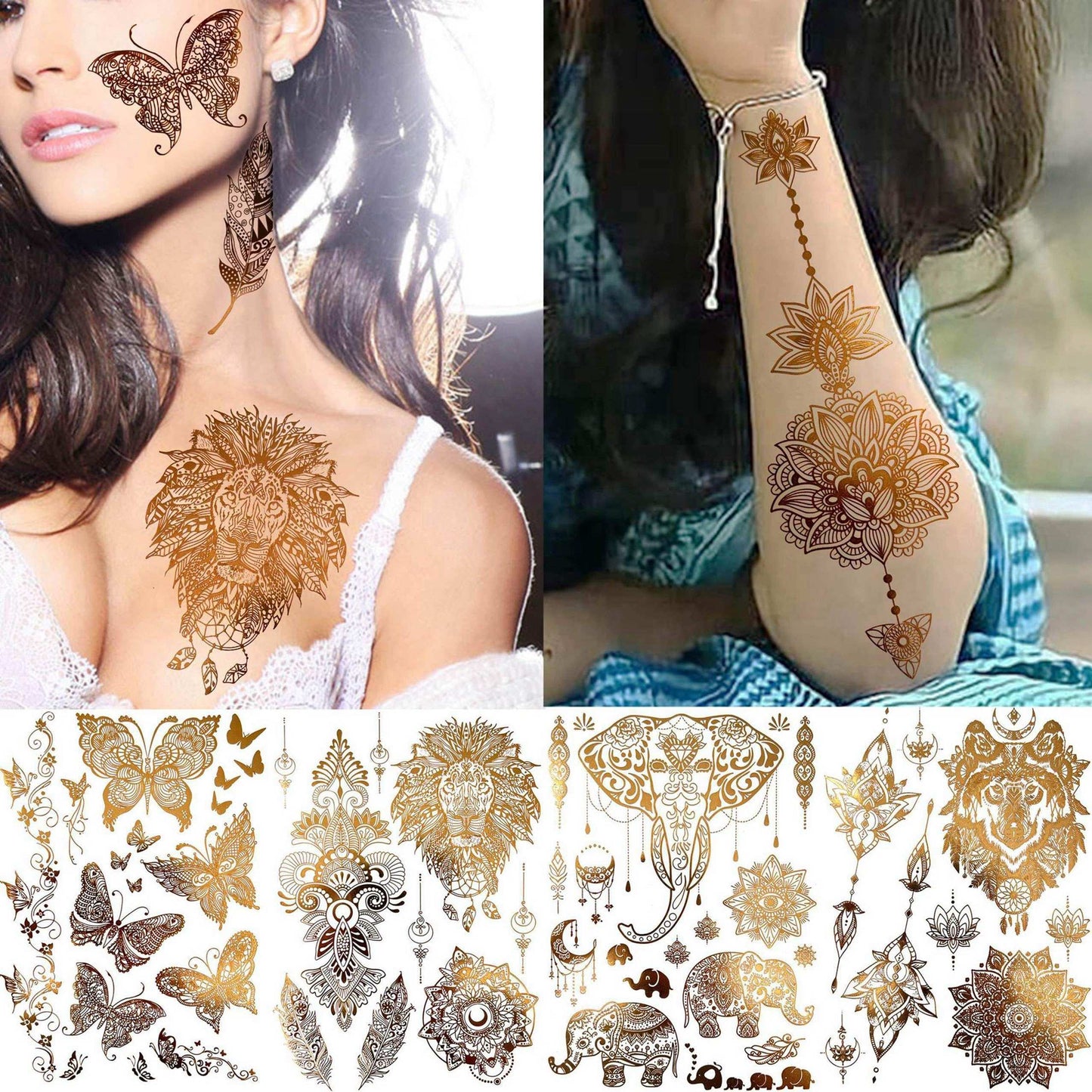 9 Sheets 99+ Design Flash Gold Metallic Temporary Tattoos For Women Adults, Glitter Bohemia Fake Tattoo Stickers Indian Tribal Elephant 3D Wolf Lion Snake Mandala Flower, Golden Butterfly Tattoos