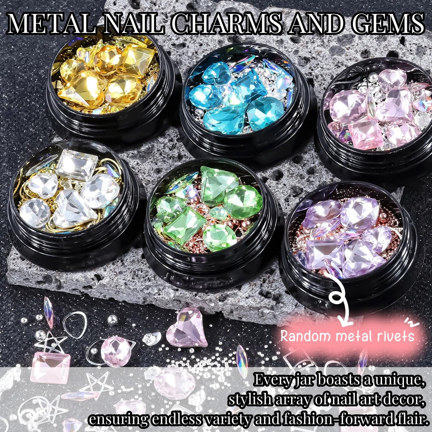 6 Wheels Mixed Sparkle Nail Art Rhinestones Diamonds Crystals Butterfly Beads Artificial Pearls Gold Silver Nail Studs Gems Metal Hollow Rivets Charms (Kit-5)