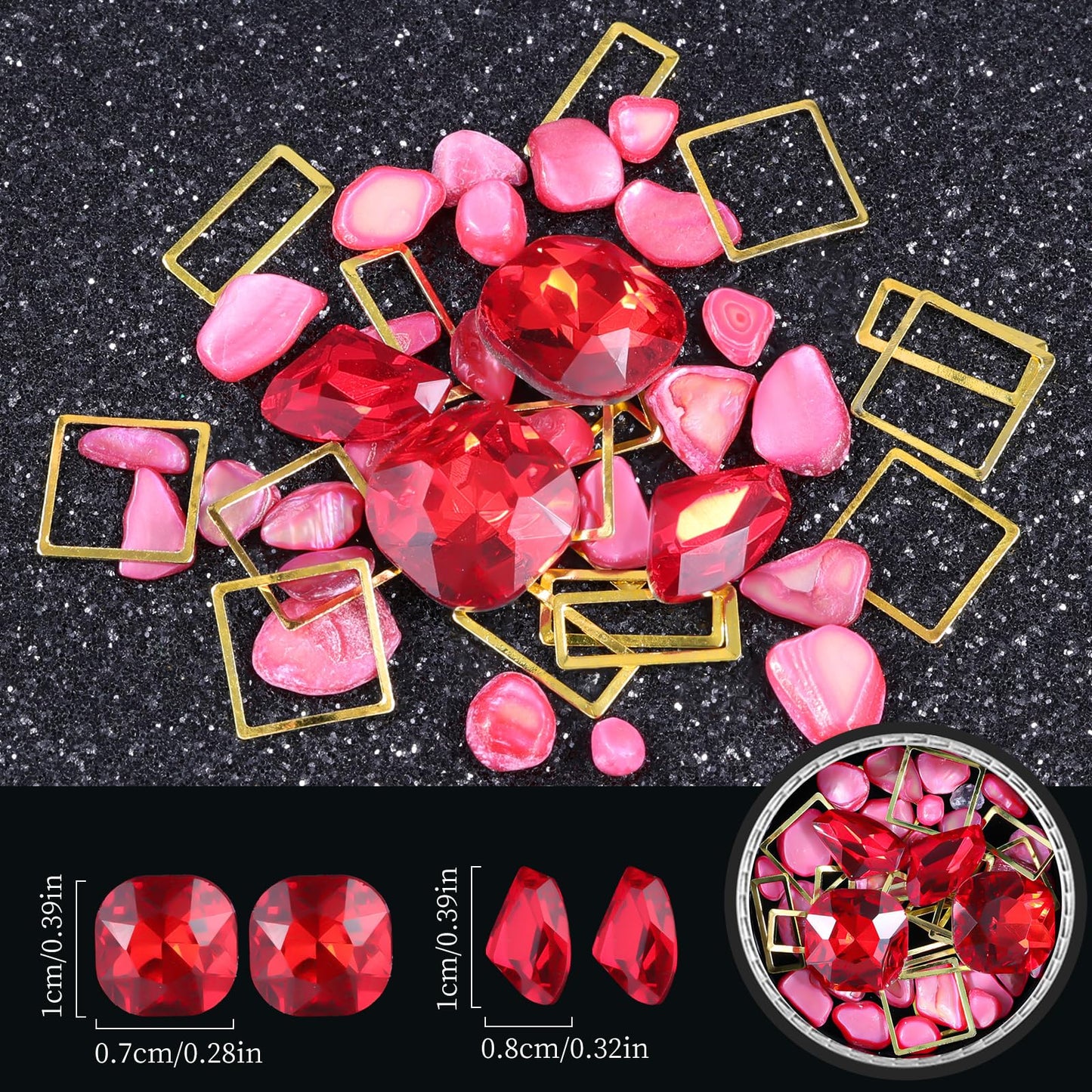 6 Wheels Mixed Sparkle Nail Art Rhinestones Diamonds Crystals Butterfly Beads Artificial Pearls Gold Silver Nail Studs Gems Metal Hollow Rivets Charms (Red)
