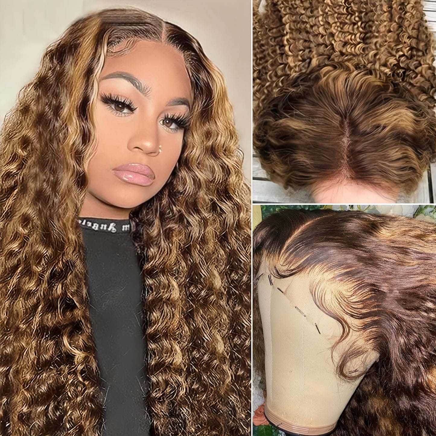 AAKJJ 4/27 Deep Wave Human Hair Wig, Highlight Ombre Color, 13x4 HD Transparent Lace Front Wig, 200 Density, Pre-Plucked Hairline with Baby Hair, Glueless, for Women 22 Inch