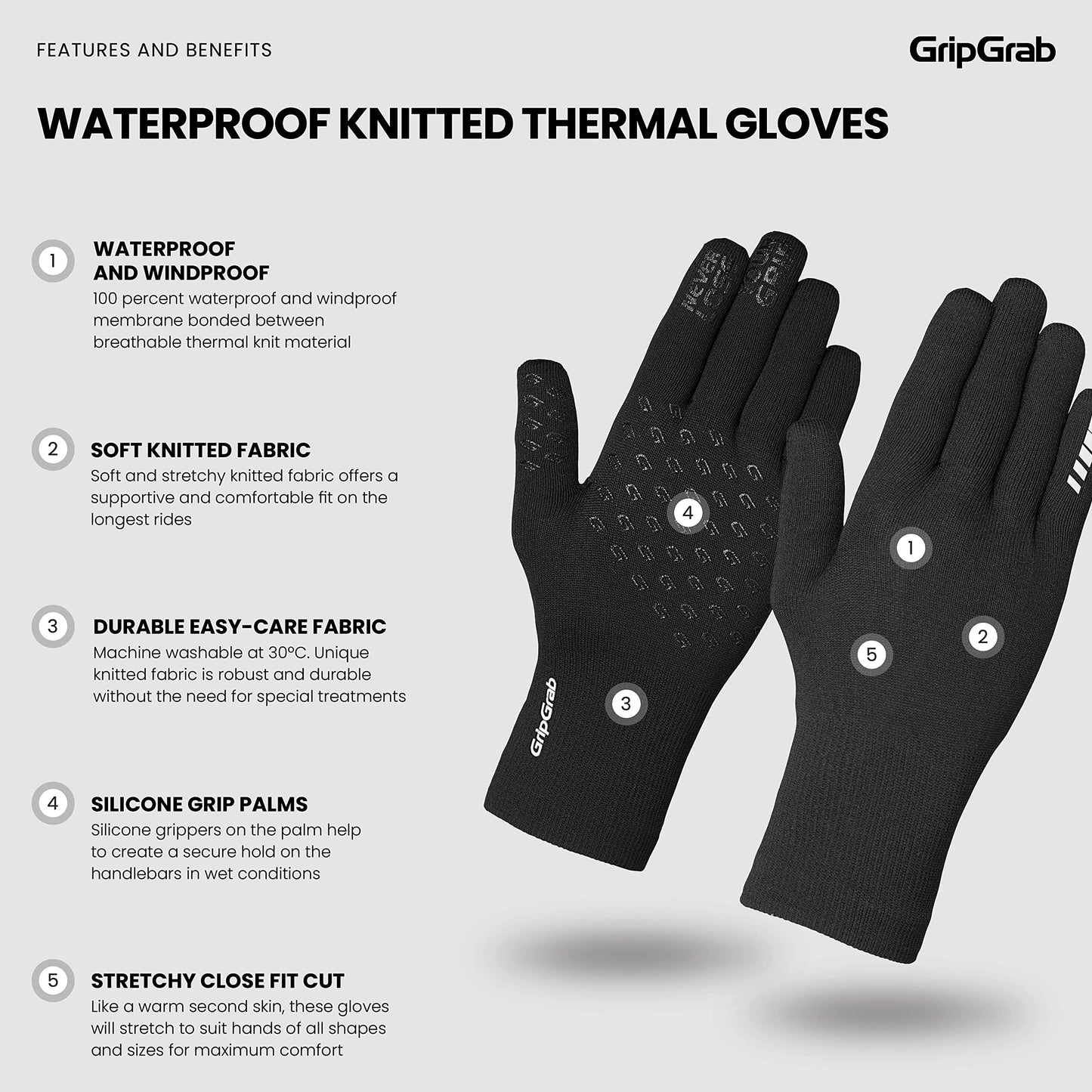 GripGrab Waterproof Knitted Thermal Cycling Gloves Anti-Slip Winter Bicycle Gloves Windproof Knit Full Finger Bike Gloves