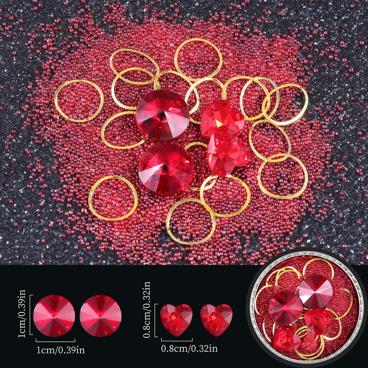 6 Wheels Mixed Sparkle Nail Art Rhinestones Diamonds Crystals Butterfly Beads Artificial Pearls Gold Silver Nail Studs Gems Metal Hollow Rivets Charms (Red)