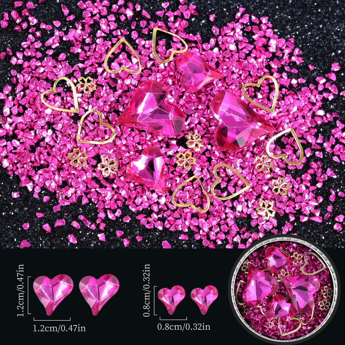 6 Wheels Mixed Sparkle Nail Art Rhinestones Diamonds Crystals Butterfly Beads Artificial Pearls Gold Silver Nail Studs Gems Metal Hollow Rivets Charms (Hot Pink)